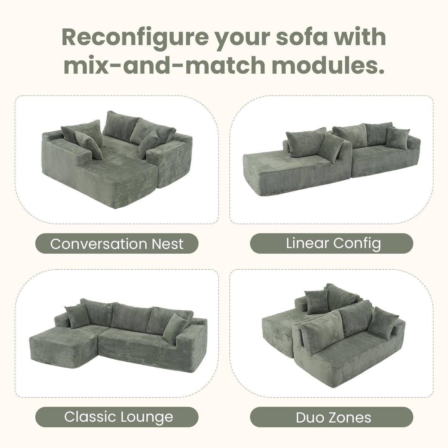 OC Orange-Casual 106.3" Cloud Sectional Couch with L-Shape Chaise,No Assembly Required Modular Sofa,Upholstered Boneless Couches for Living Room, Plush Corduroy Fabric (Green, Left Facing Chaise)
