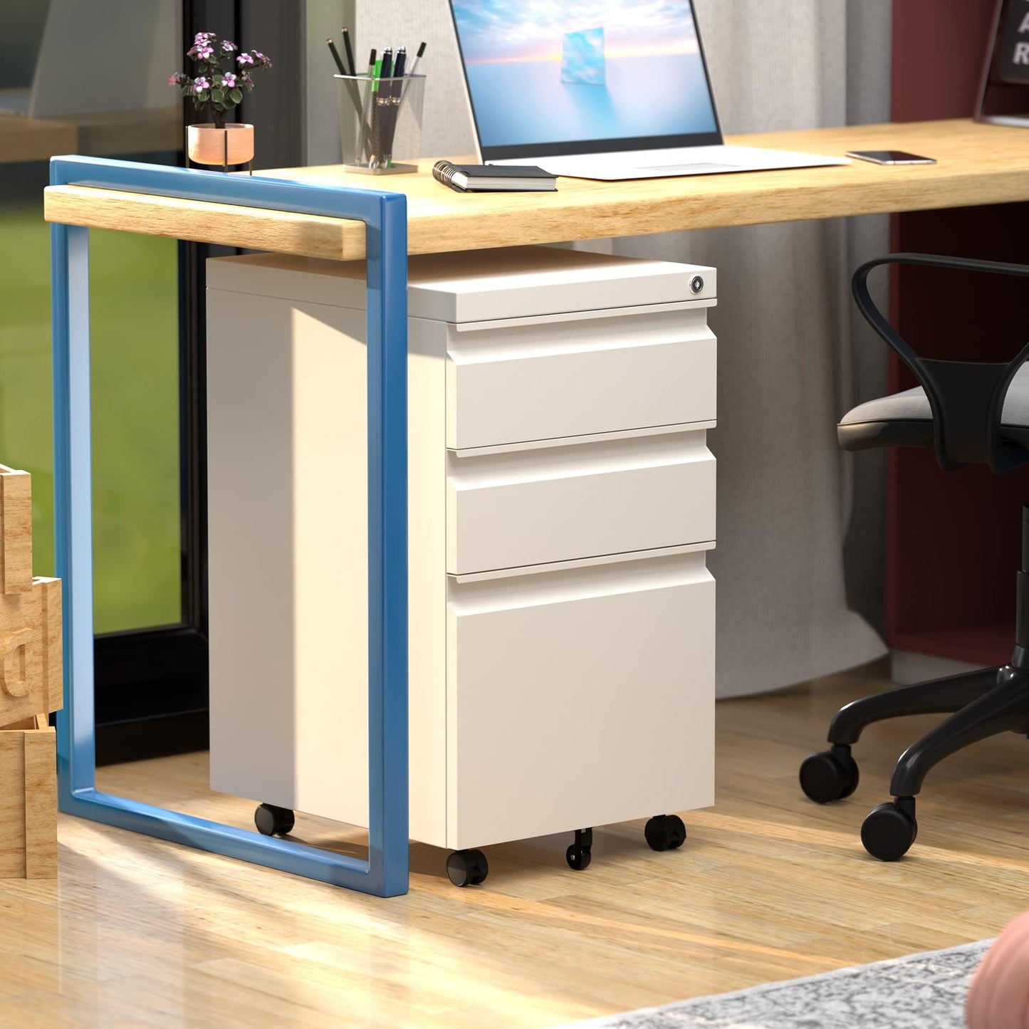 Reemoon 3 Drawer Metal Rolling File Cabinet with Lock, Under Desk Mobile Filing Storage Cabinet for Home Office School, Required Assembly, White