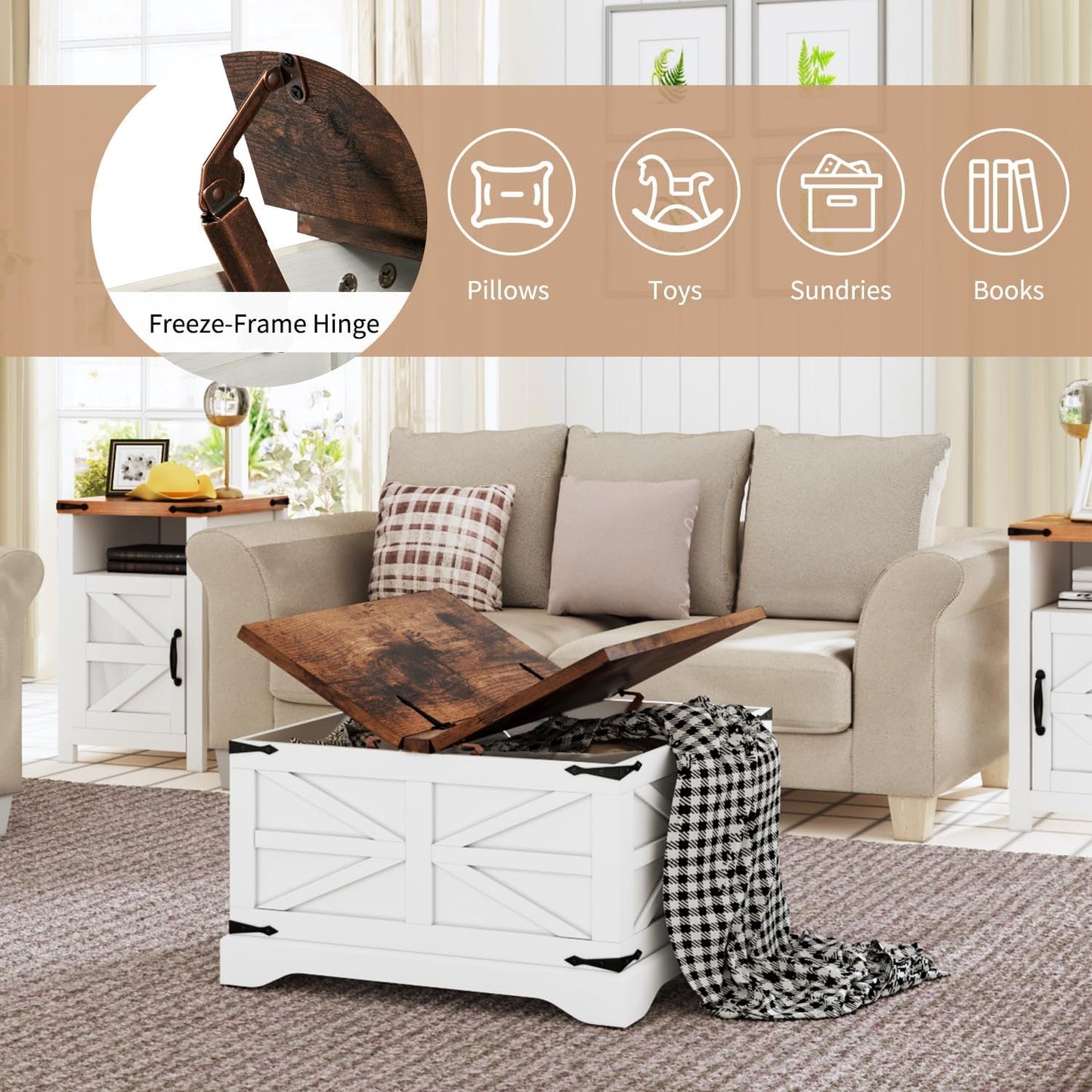 oneinmil Farmhouse Coffee Table with Storage Organizer, Square Coffee Tables with Large Storage Space, Center Table for Living Room, Bedroom, Home Office, White