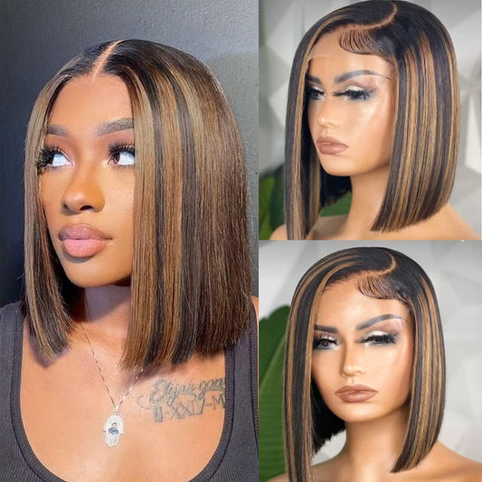 Colorful Bird Highlight Ombre 4x4 Lace Frontal Bob Wig Human Hair Straight Balayage FB30 Blonde Wigs for Women Lace Frontal Wigs 150% Density Pre Plucked 14inch