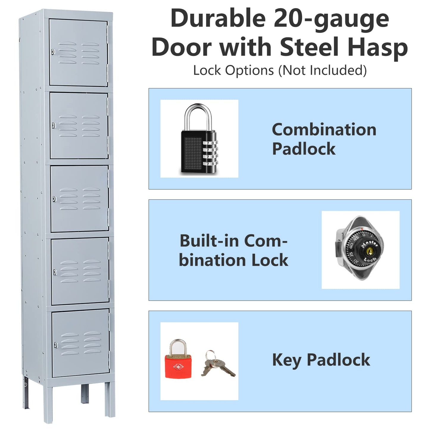 MIIIKO Metal Locker for Employees, 5 Tier Storage Shelves Cabinet, Steel Lockers with 5 Lockable Doors, for School, Home, Office, Changing Room and Gym