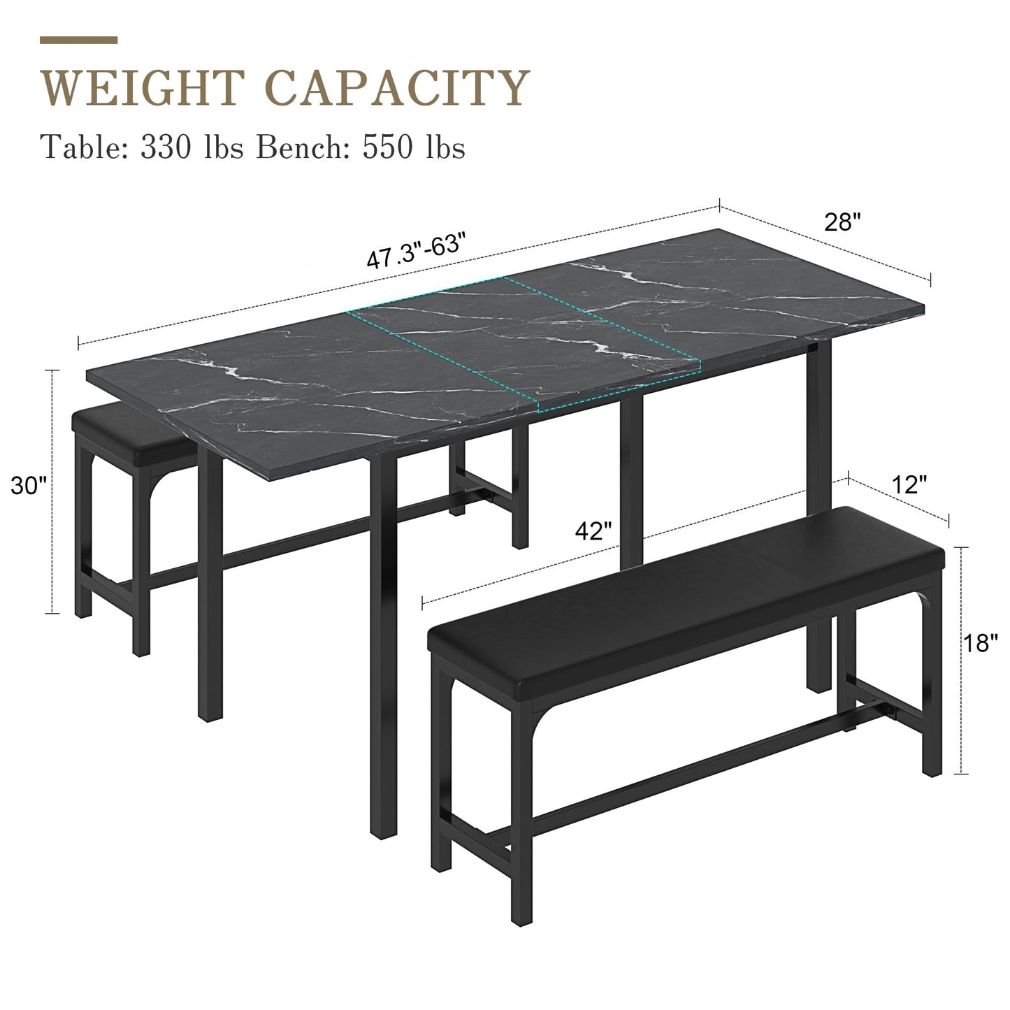 VECELO 3-Piece 63" Extendable Kitchen Table with Benches/Chairs, Modern Breakfast Dinette/Dining Room Set for 4/6/2, Small Space Saving Design, Easy Assembly