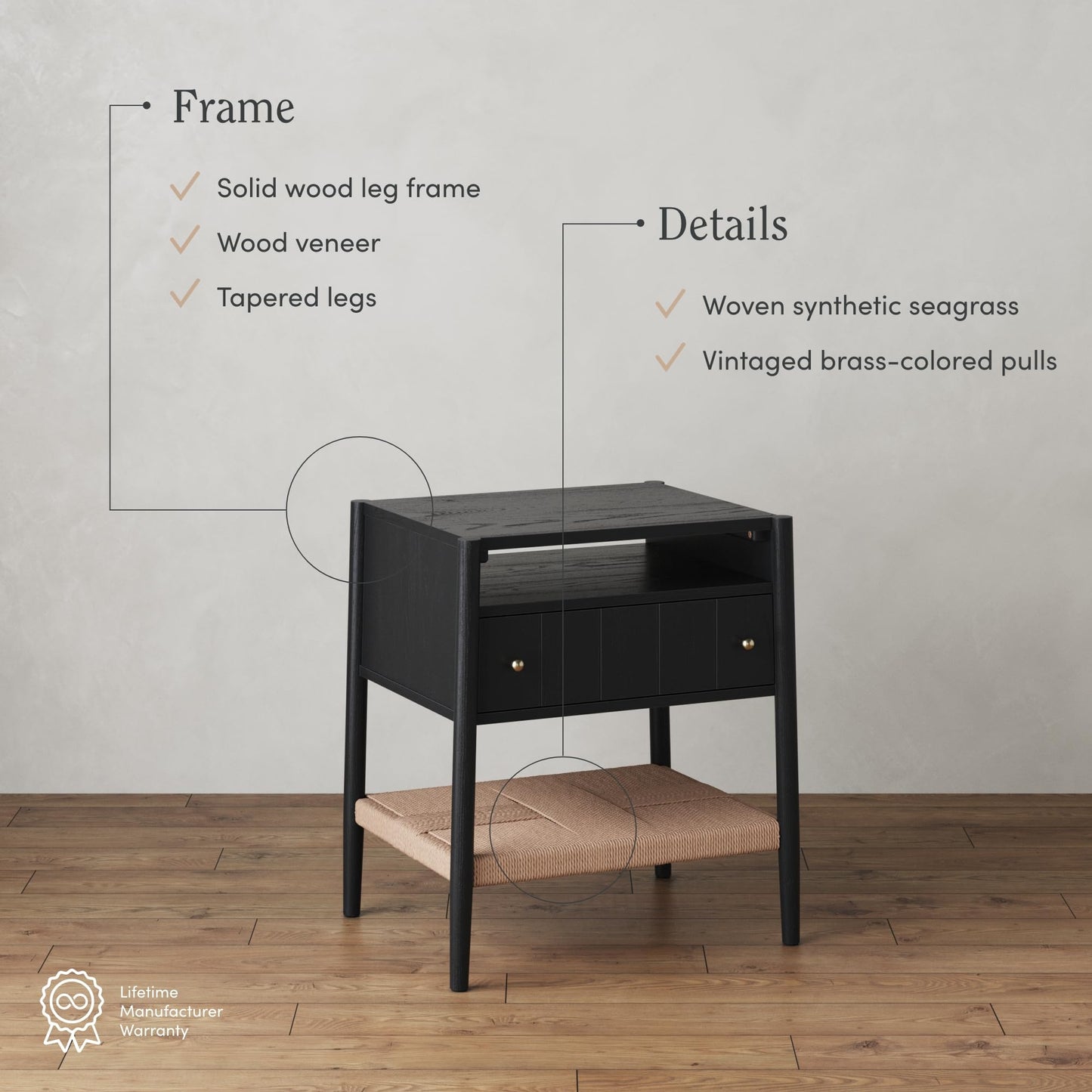 Nathan James Meads Wood Nightstand with Drawer, Vintage Nightstand with Seagrass Storage and Brass Handles, Black Oak