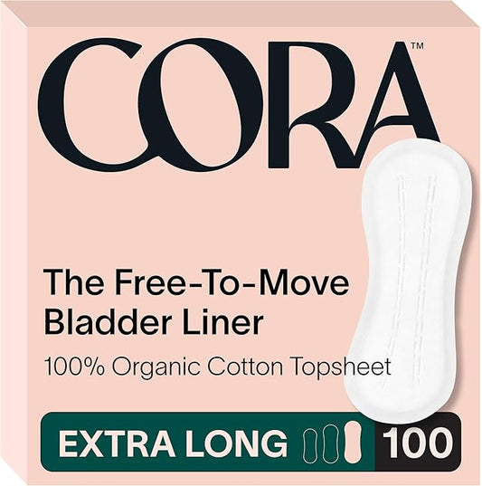 Cora Ultra Thin Organic Bladder Liners | Incontinence & Postpartum Pads for Women | Panty Liners for Bladder Leaks | Breathable Cotton (100 Extra Long)