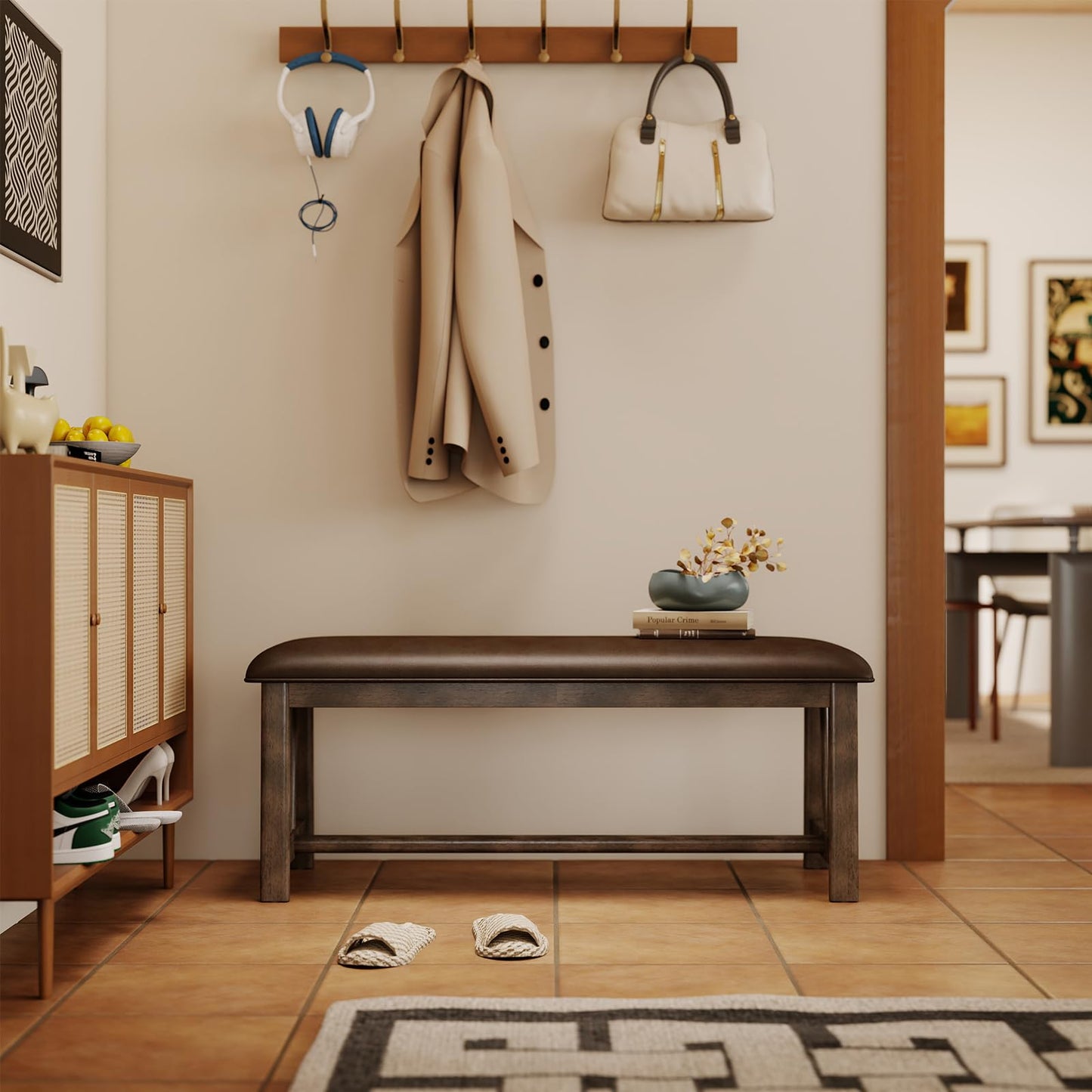 Kmax Entryway Bench, Upholstered Dining Bench with Solid Wood Legs Farmhouse Window Bench Rustic Bench Seat for Living Room Hallway Kitchen - PU, Brown