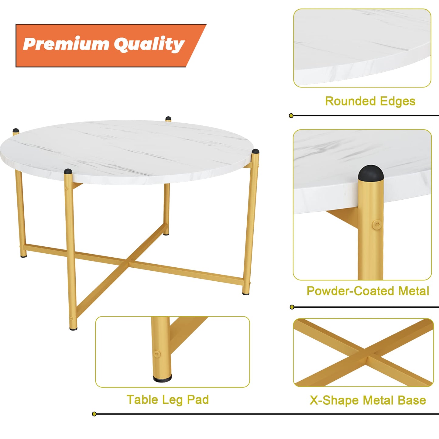 Lamerge Coffee Table Set of 3,Modern Faux Marble Top with Golden Frame,1 Coffee Table & 2 Accent Table, Living Room Table Set, for Apartment,Office and So on,White & Gold (LCTR-W)
