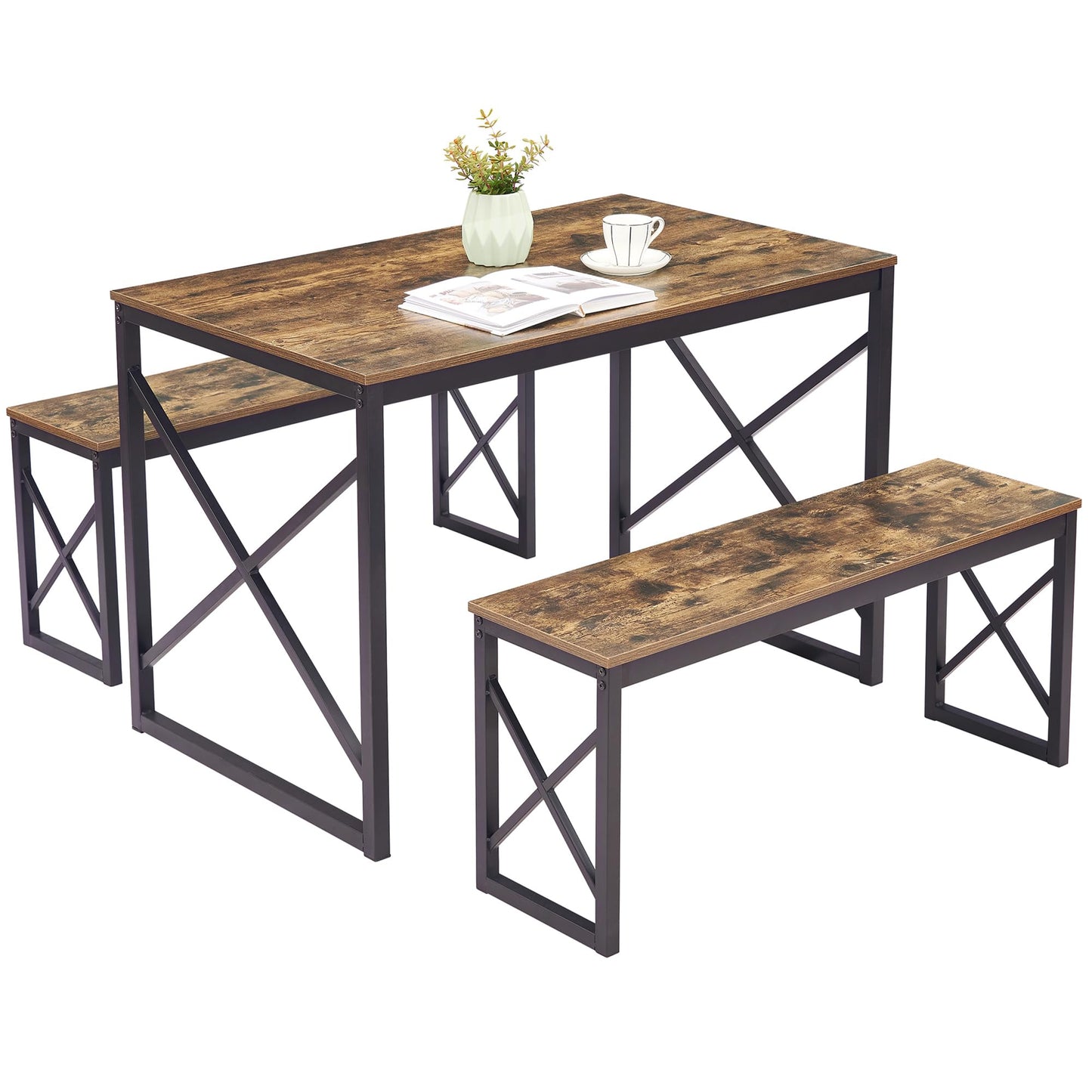 VECELO Kitchen Table with 2 Benches for 4, 43.3'' Wood Dining Room Dinette Sets with X Metal Frame for Breakfast Nook and Small Space, Brown