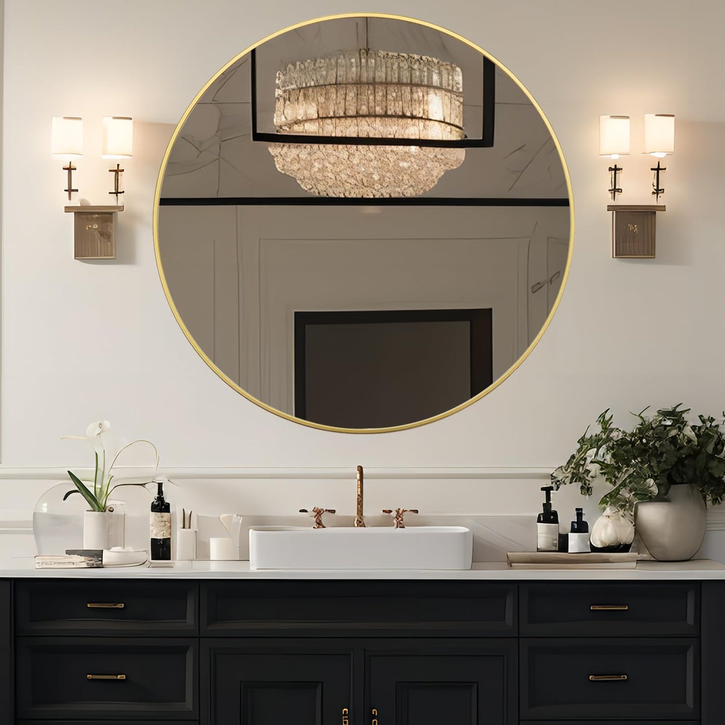 Growsun 48 inch Large Gold Round Mirror, Bathroom Mirror for Wall, Metal Frame Round Mirror for Fireplace Living Room Wall Decor