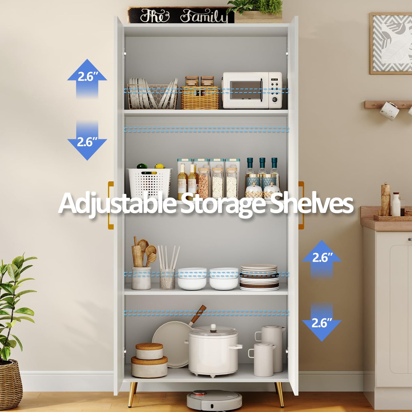 LYNSOM Tall Storage Cabinet, Freestanding Kitchen Pantry Cabinet with Adjustable Shelf and Doors, Floor Storage Accent for Kitchen, Dining Room (White)