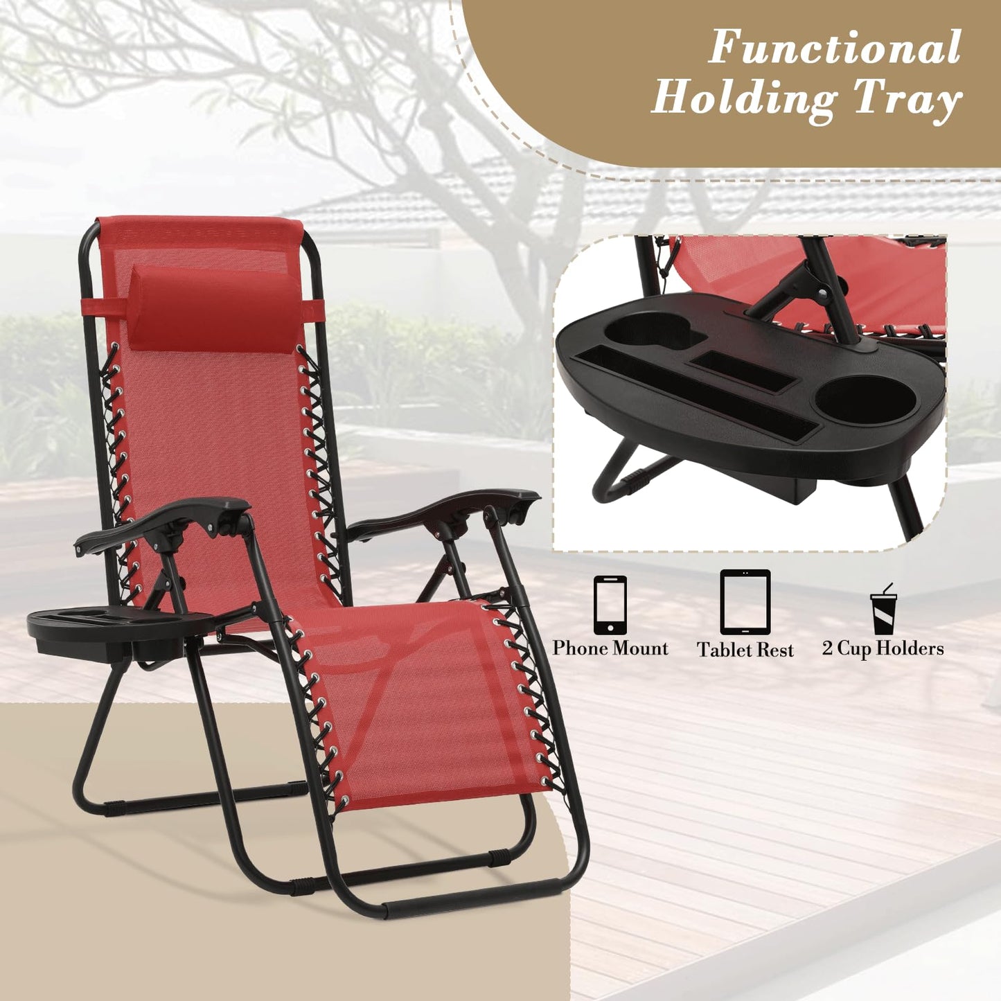 Athena Collection Zero Gravity Outdoor Lounge Chair Set of 2 with Cup Holder, 25" Width Pool Lounge Lawn Chairs Reclining, Outdoor Chaise for Beach Patio Backyard Outside, Dark Red