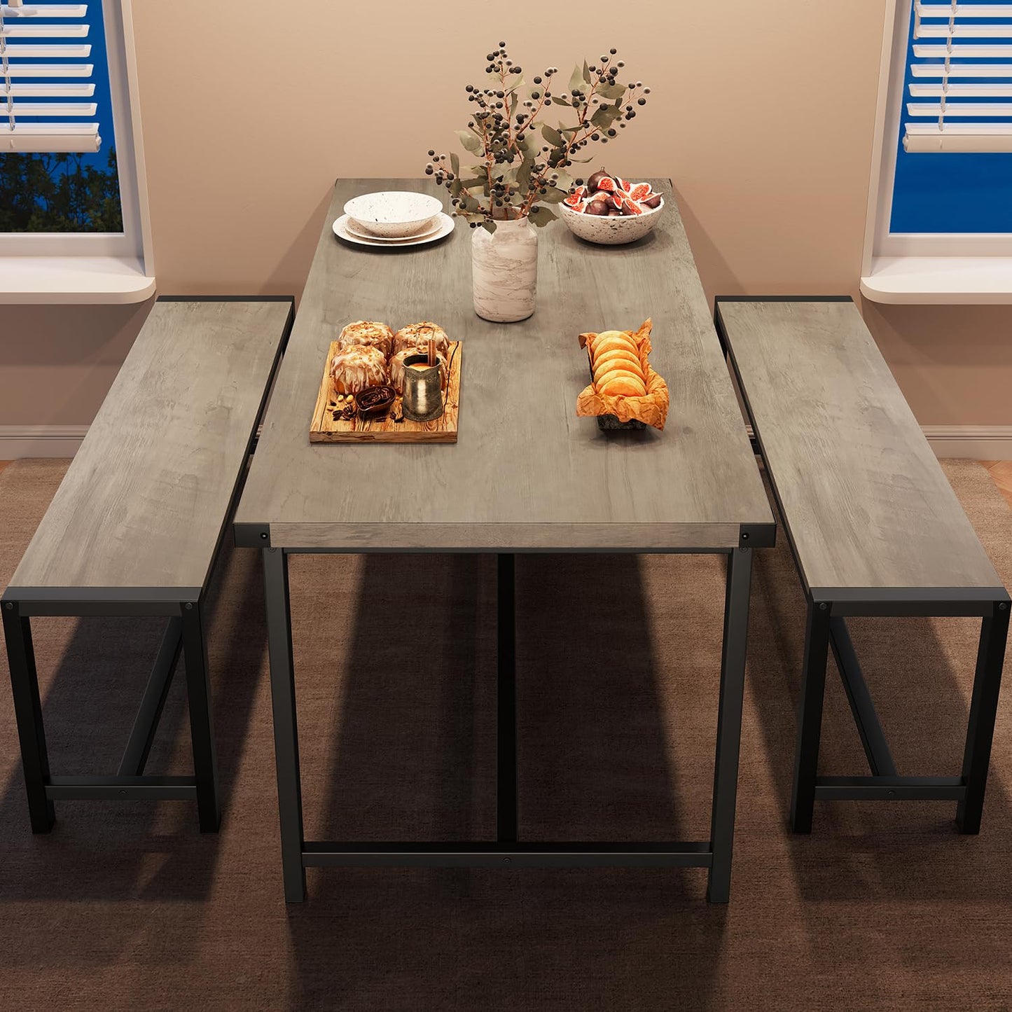 GarveeHome Dining Table Set for 4, Kitchen Table with 2 Metal Wood Benches, Rectangular Room Dining Table Set, 3 Piece Farmhouse Kitchen Table Set for Small Space, Apartment, Studio, Rustic Gray