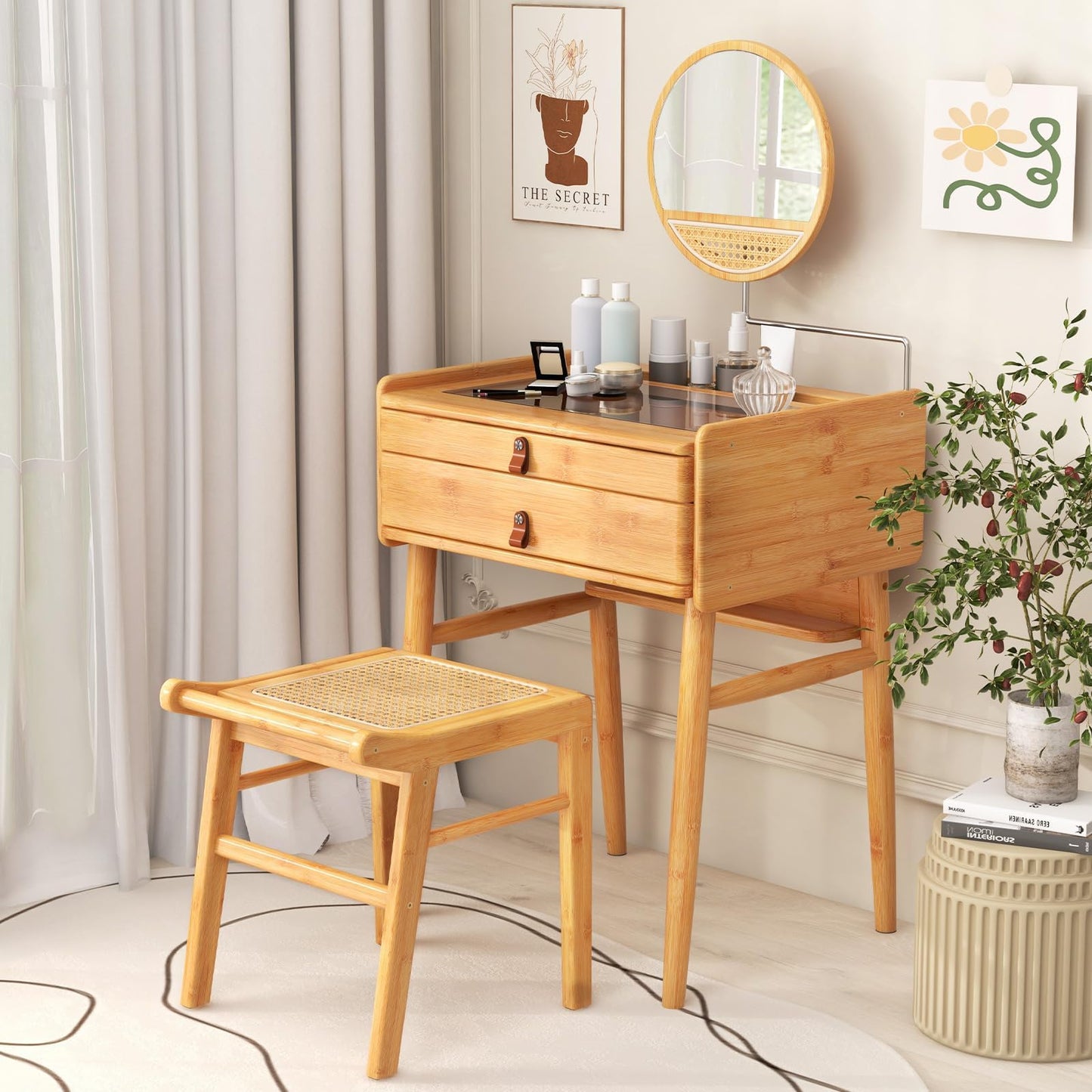 Generic Byroce Boho Vanity Desk, Makeup Vanity Table Set w/Mirror, Modern Vintage Dressing Table w/ 2 Drawers & Jewellery Display Tabletop, Rattan & Bamboo Style (Table & Stool Set), Natural