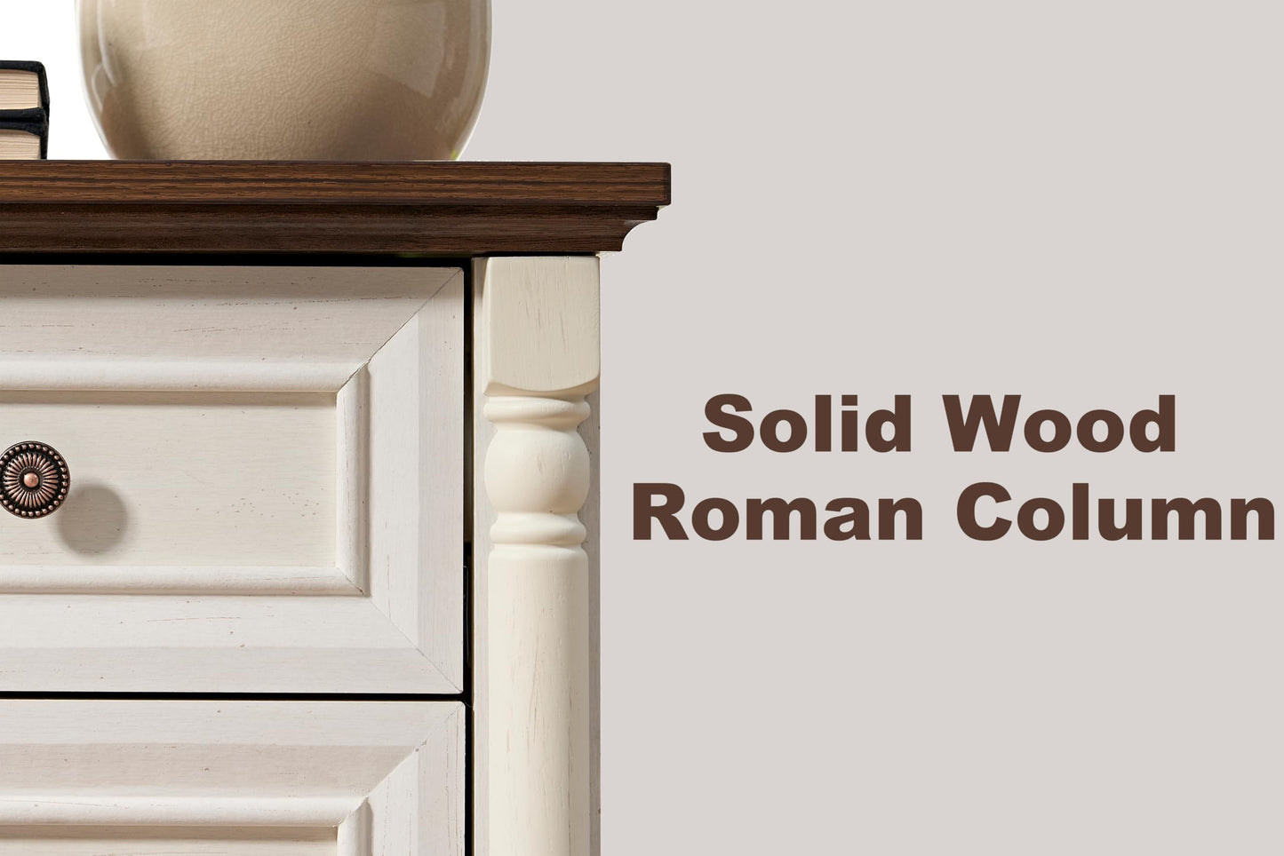 OKYCI Nightstand with Solid Wood Roman Column & Charging Station, Modern 3-Drawer Bedside Table, Farmhouse Wood End Table with Storage for Bedroom/Living Room/Office, Antique White & Brown
