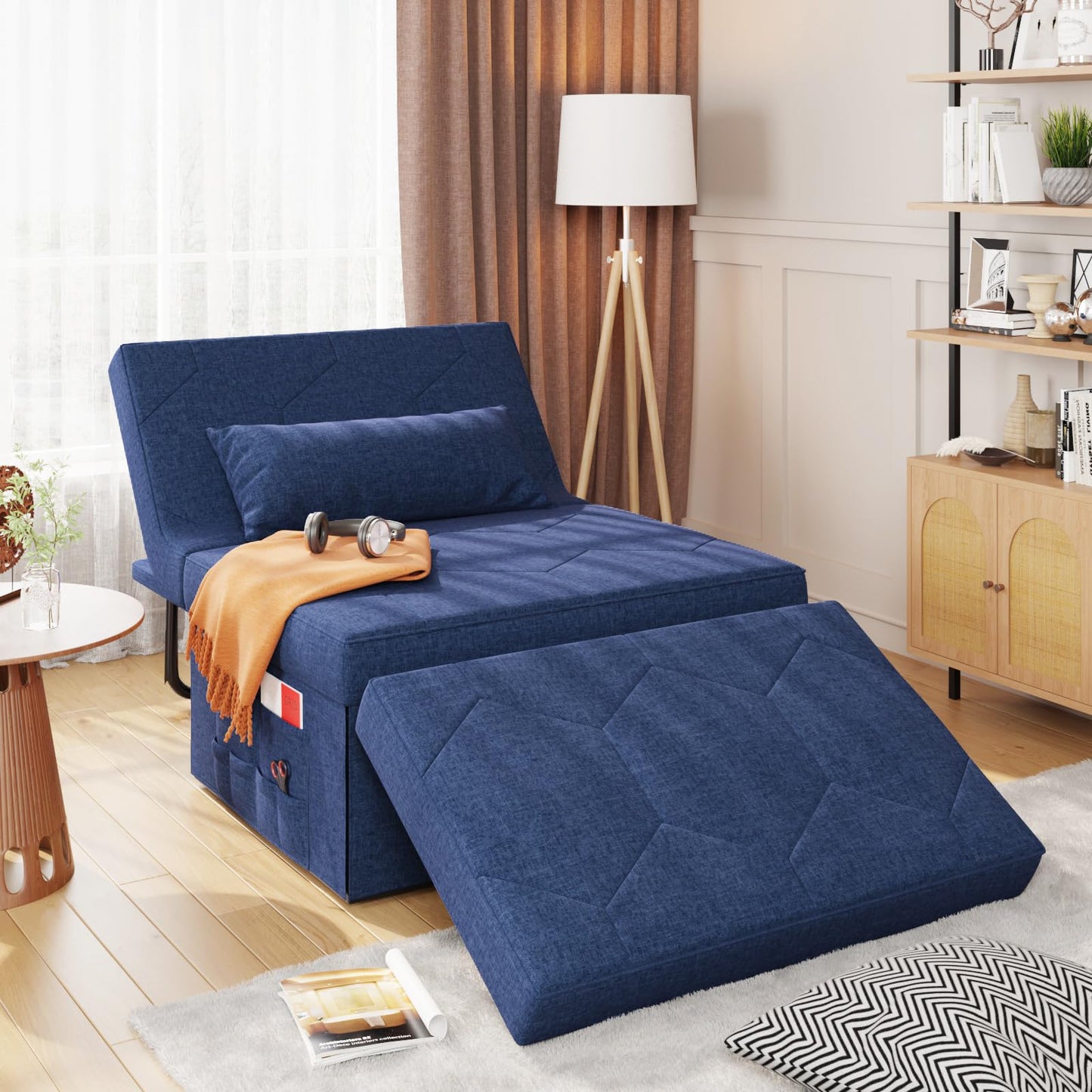 4 in 1 Sleeper Chair, Convertible Sleeper Sofa with Ottoman, Ottoman Bed for Adults, Sofa Bed with Adjustable Backrest for Living Room Apartment Office, Jean Blue