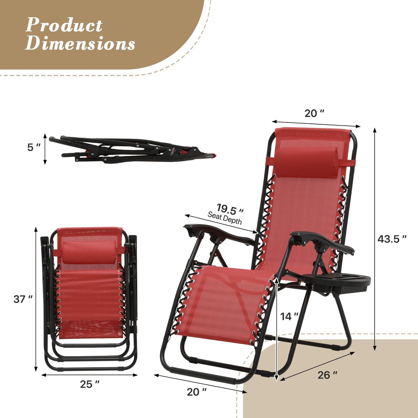 Athena Collection Zero Gravity Outdoor Lounge Chair Set of 2 with Cup Holder, 25" Width Pool Lounge Lawn Chairs Reclining, Outdoor Chaise for Beach Patio Backyard Outside, Dark Red
