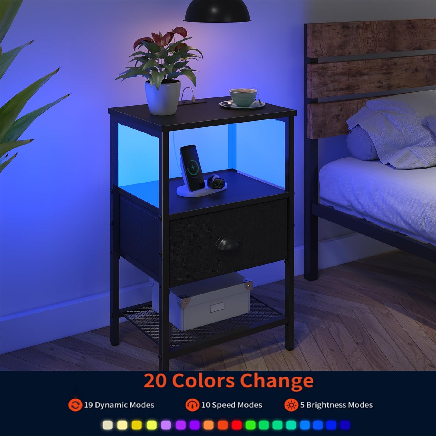Sthmec Nightstands Set of 2, LED Bedside Tables with Charging Station and Fabric Drawer, Night Stand with Storage, 3 Tier Side Table with Open Shelf, LED Nightstand with Charging Station, Black