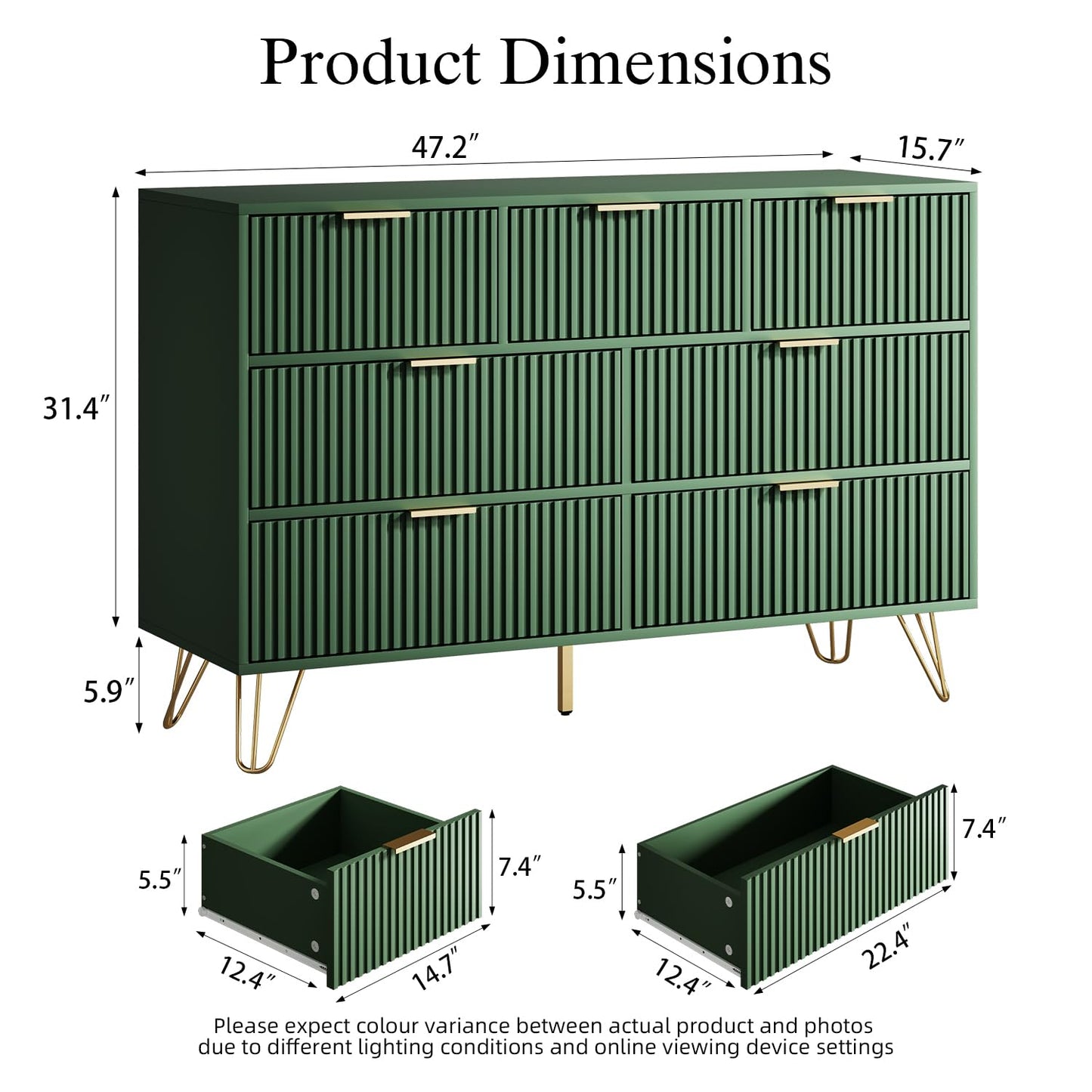 Furniway Dresser for Bedroom, Fluted Modern Dresser with Gold Pulls and 7 Drawers, 15.7" D x 47.2" W x 31.4" H, Green