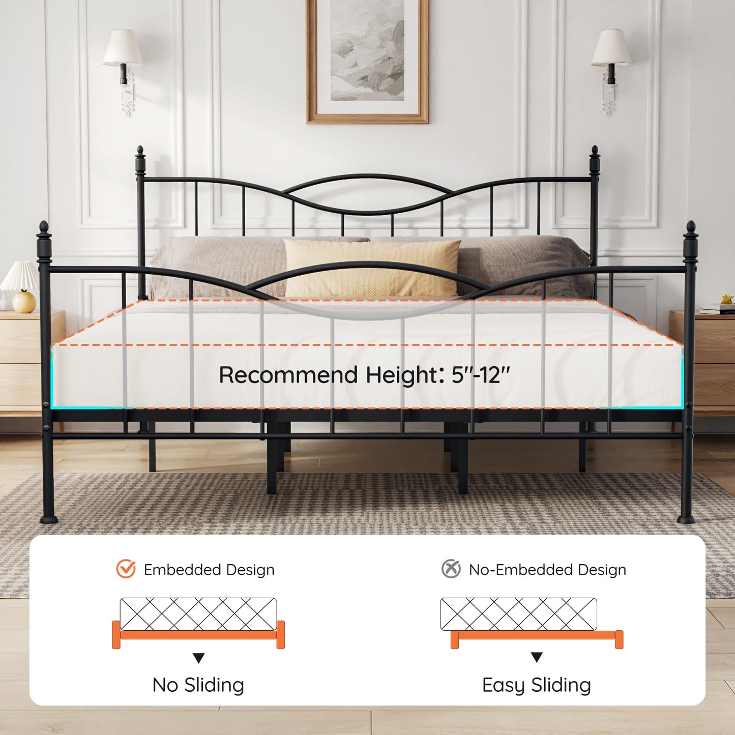 Florise King Size Bed Frame with Headboard,Metal Platform Bed Frame Mattress Foundation with Footboard, Under Bed Storage, Strong Metal Slats Support, No Box Spring Needed, Black