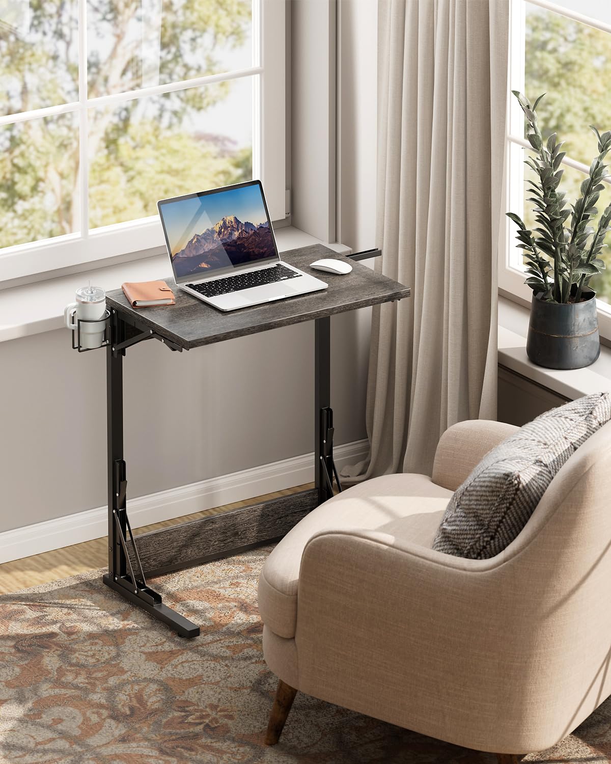 Tatub 24" Folding TV Tray Table, Foldable C Shaped End Table for Couch, TV Dinner Tray with Cup Holder, Small Sofa-Side Laptop Desk for Living Room Bedroom, Dark Gray