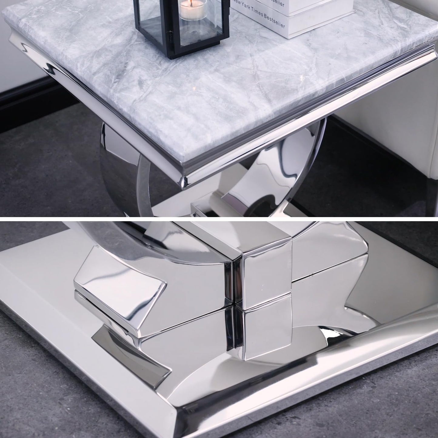 Asday Silver End Table, 22" Modern Glam Grey Square Side Table with Mirrored Stainless Steel U-Base for Living Room