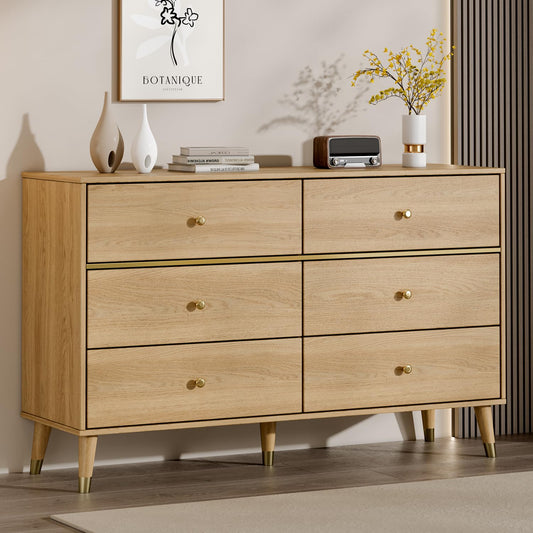 Chrangmay 6 Drawer Dresser,47" Wide Mid Century Modern Chest of Drawers,Wooden Bedroom Drawer Dresser with 6 Storage Drawers for Bedroom,Living Room,with Anti-Tipping Device,Wood
