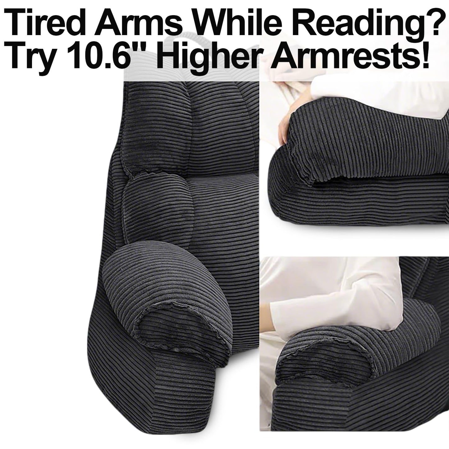 RRPAHWTV Reading Pillow for Bed with High Arm Rests ,Back Support Pillow for Sitting Up in Bed with Shredded Memory Foam for Reading, TV, Gaming or Relaxing on Floor（Grey Black, Large）