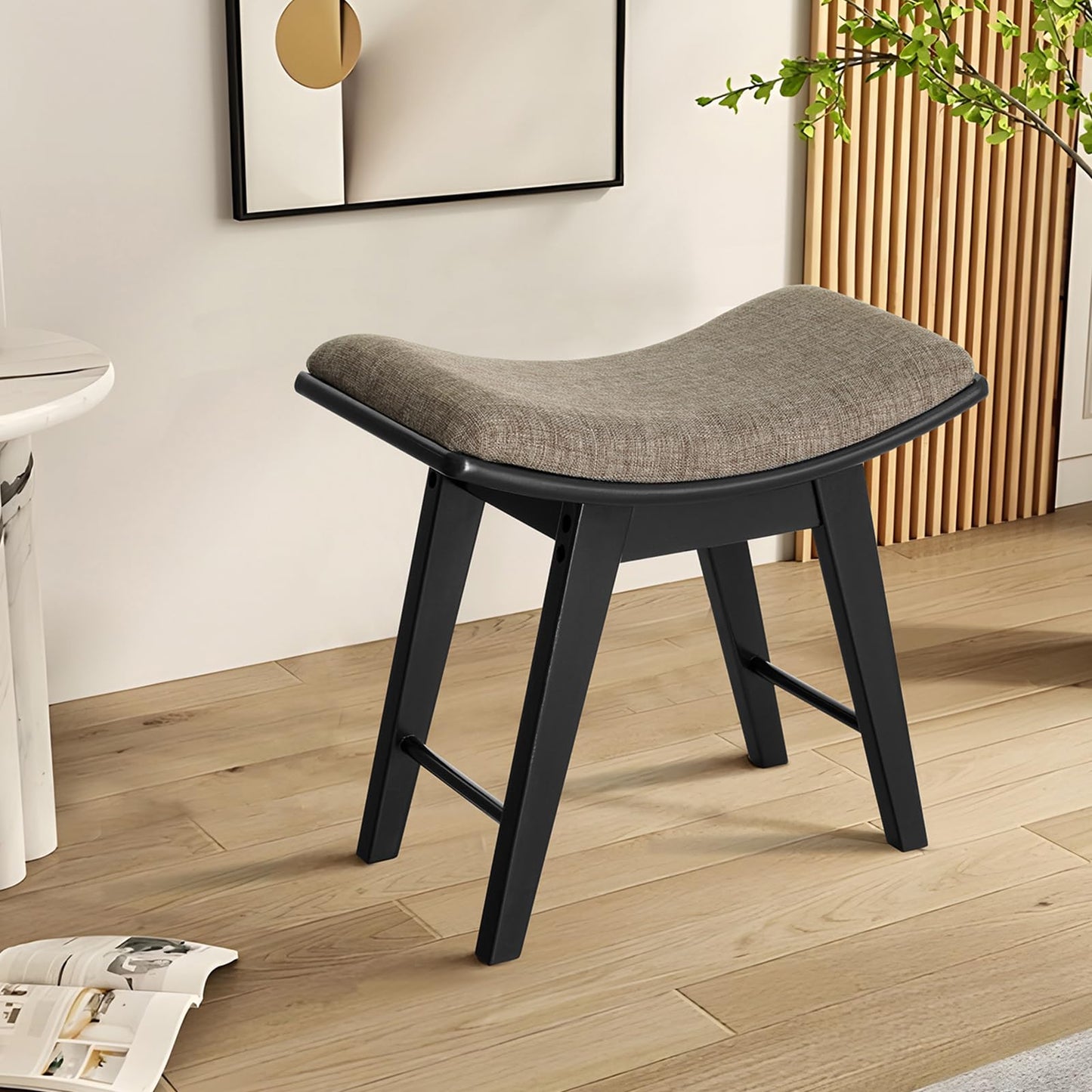 Iwell Vanity Stool with Rubberwood Leg, Makeup Bench with Concave Seat Surface, Vanity Bench, Padded Cushioned Chair, Piano Seat, Easy Assembly, Black