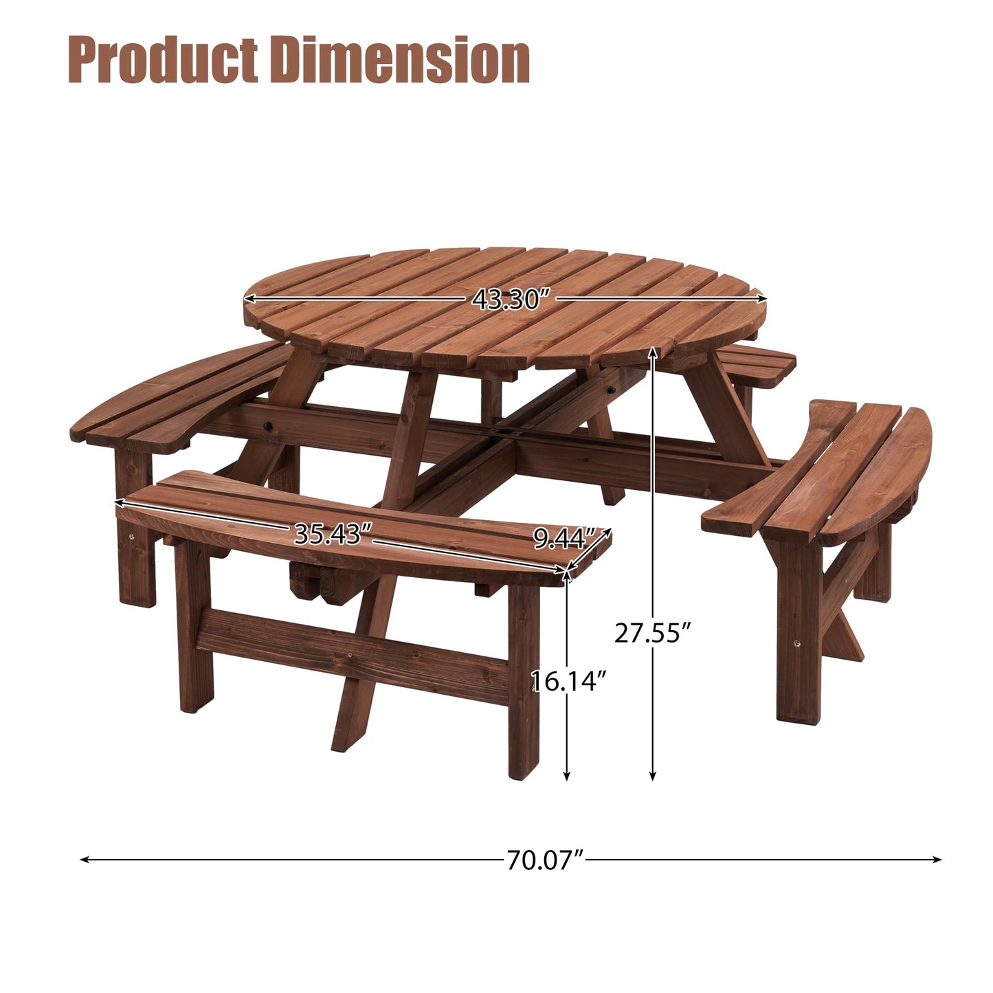 Becivy 8 Person Wooden Picnic Table Sets Outdoor Camping Dining Table with Seat Garden DIY w/ 4 Built-in Benches 2220lb Capacity - Brown