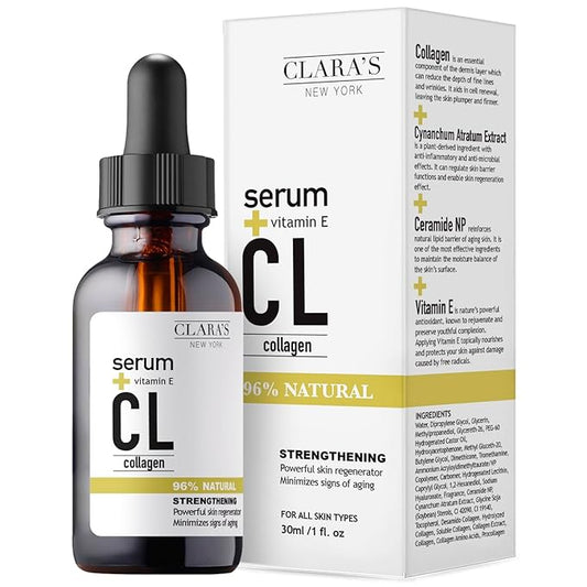 CLARA'S NEW YORK Glycolic Acid Facial Serum with Vitamin E for Exfoliating Smoothing Glowing Face Skin - Made in USA 30ml (1Fl/Oz) (Collagen)