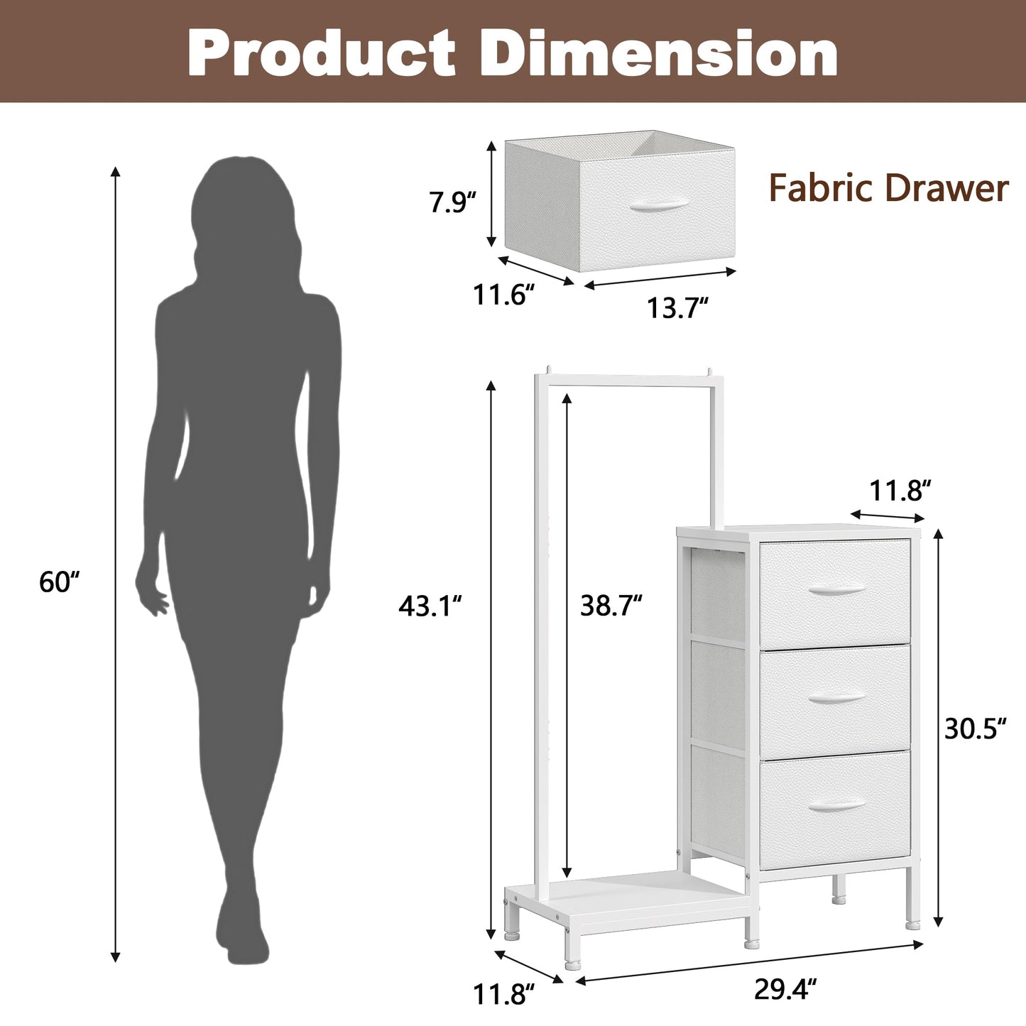 AFLUI Dresser for Bedroom with Hanging Rack, 3 Drawers Dresser for Bedroom - White