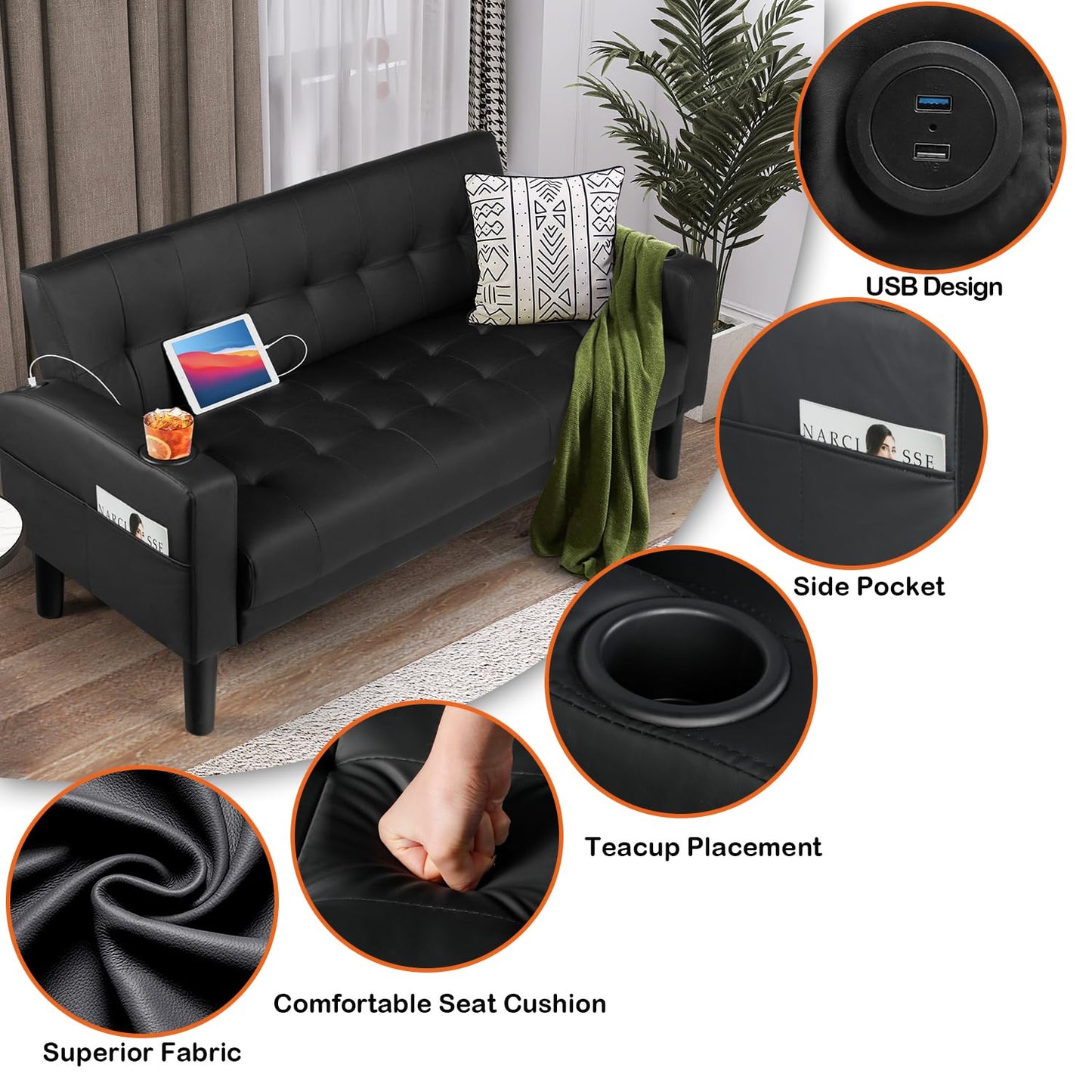 AILEEKISS 62" Loveseat Couches Upholstered Leather Love Seat Sofas Couch with 2 USB, Cup Holders, Side Pocket, Mid-Century Modern Tufted Sofa for Living Room,Office,Bedroom,Apartment (Black, 2-Seat)