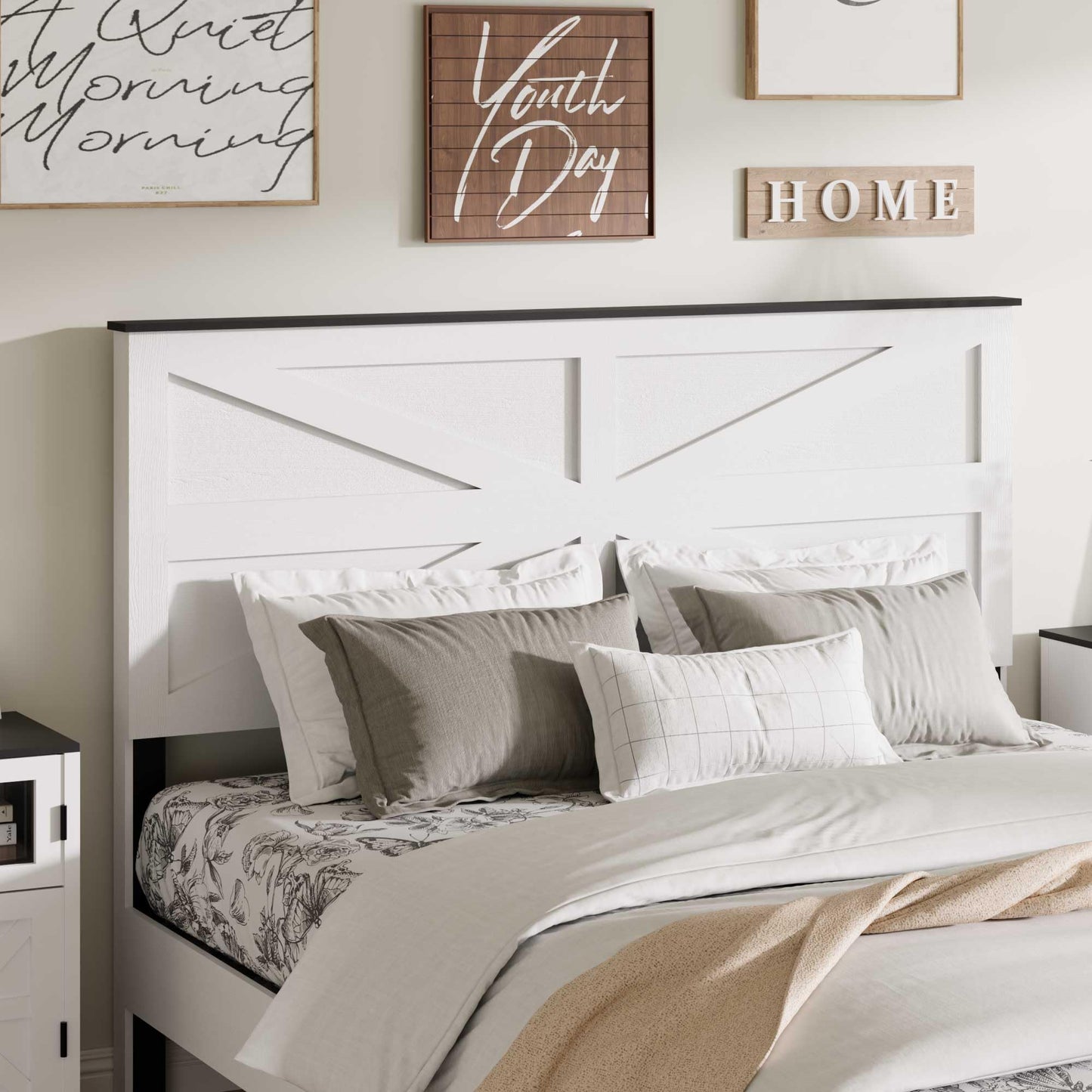 PAUKIN King Size Farmhouse Wooden Bed Frame with Headboard, Boho Platform Bedframe Sturdy Metal Slats Support, Spring Needed, Noisy Free, Easy Assembly (King, White)