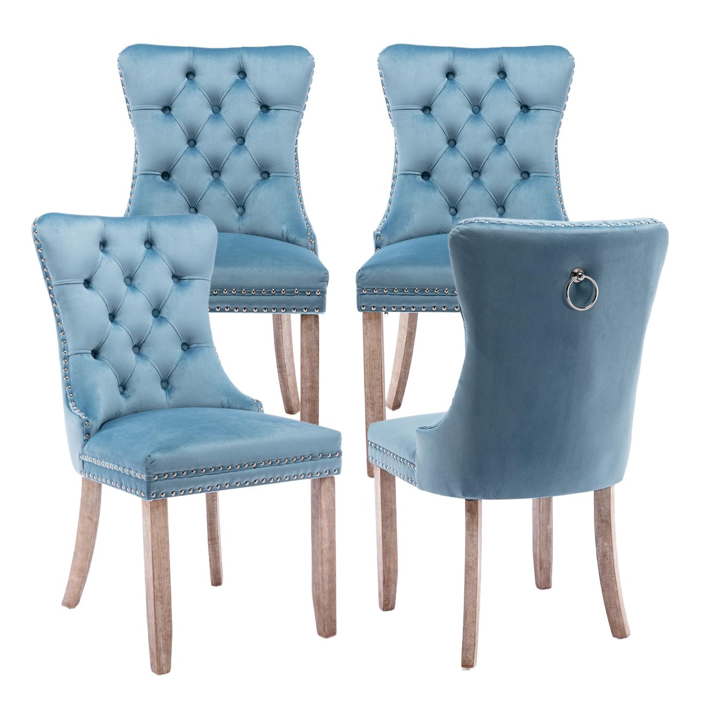 SoarTalent Velvet Upholstered Dining Chairs Set of 4, Modern Style Kitchen Side Chairs with Nailhead Trim and Wood Legs,Metal Pulling Ring for Dining Room Living Room(Sky Blue,Set of 4)