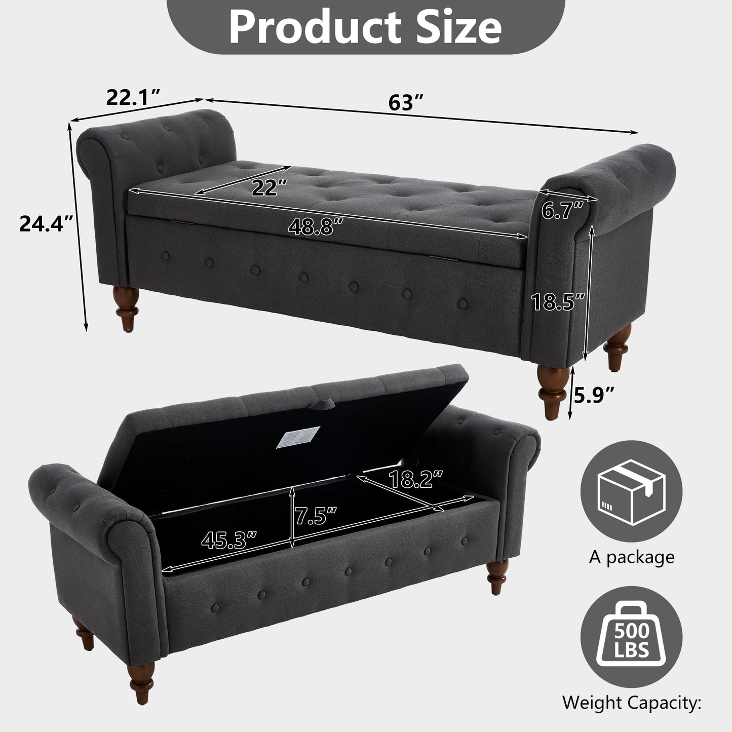 IHDKO 63'' Storage Ottoman Bench End of Bed, Bedroom Bench with Rolled Arms and Legs, Upholstered Ottomans with Storage King Size for Foot of Bed, Living Room, Apartment, Entryway