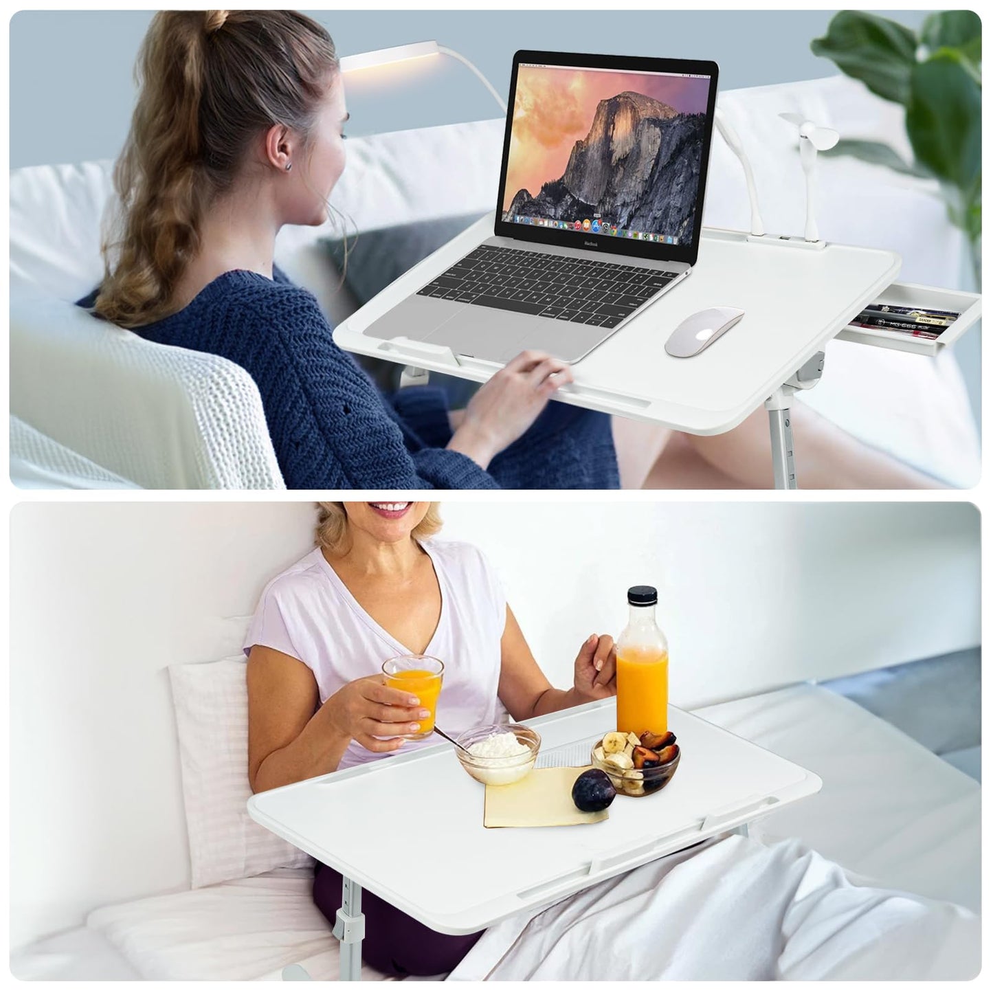 iXTRA Laptop Lap Desk with Cooling Fan - Adjustable with Light, USB, Storage Drawer - Folding Bed Desk,23.62"*15.74",Grey