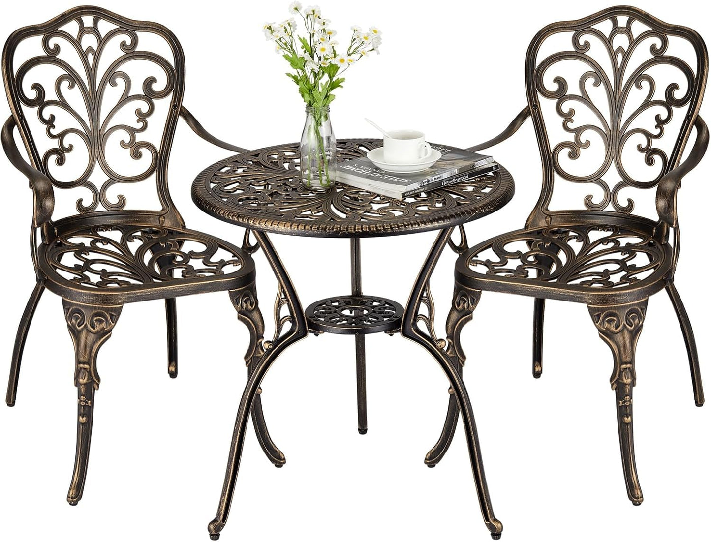 GarveeHome 3 Piece Outdoor Bistro Set, Cast Aluminum Patio Table and Chairs Set of 2 with Umbrella Hole, Rust-Resistant All Weather Balcony Furniture for Backyard, Porch, Bronze