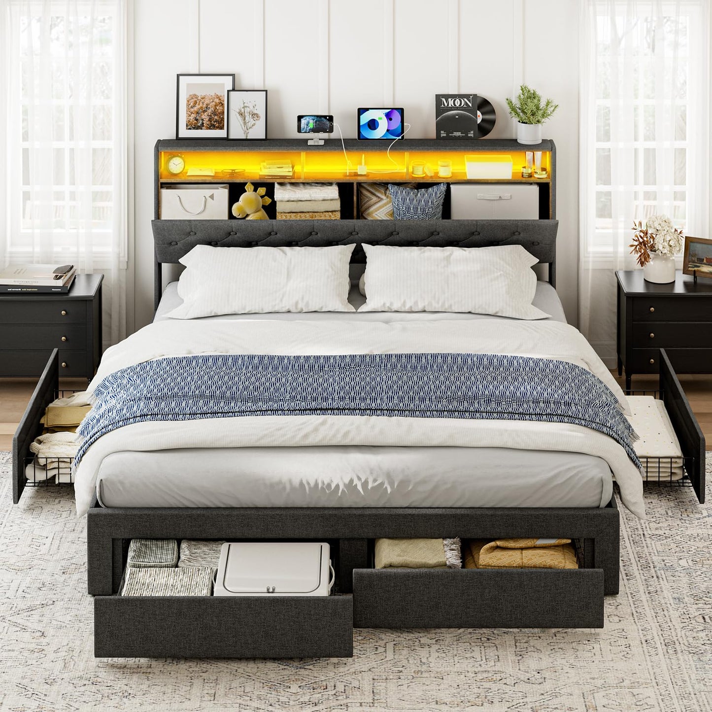 AOVSA King Bed Frame with 4 Drawers, Hidden Storage Headboard with LED Lights and Charging Station, Upholstered Tufted Platform Bed Frame King Size, Noise Free, No Box Spring Needed, Dark Grey