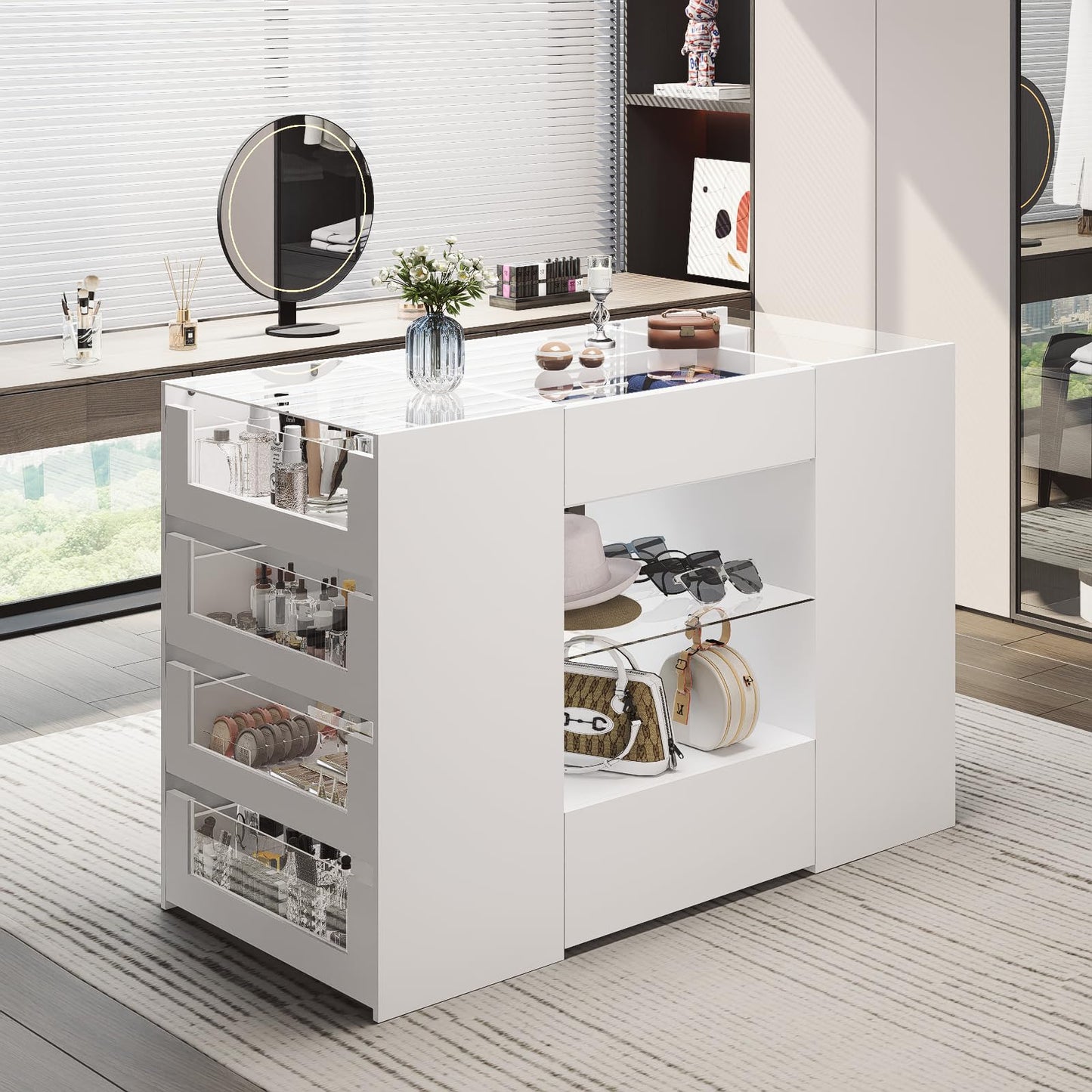 LIVAUVEAD Closet Island with Drawers, Wardrobe Armoire Bedroom Island, Glass Display Shelf & 12 Drawers, White Dresser with Glass Top, Walk-in Closet Island for Bedroom, Cloakroom