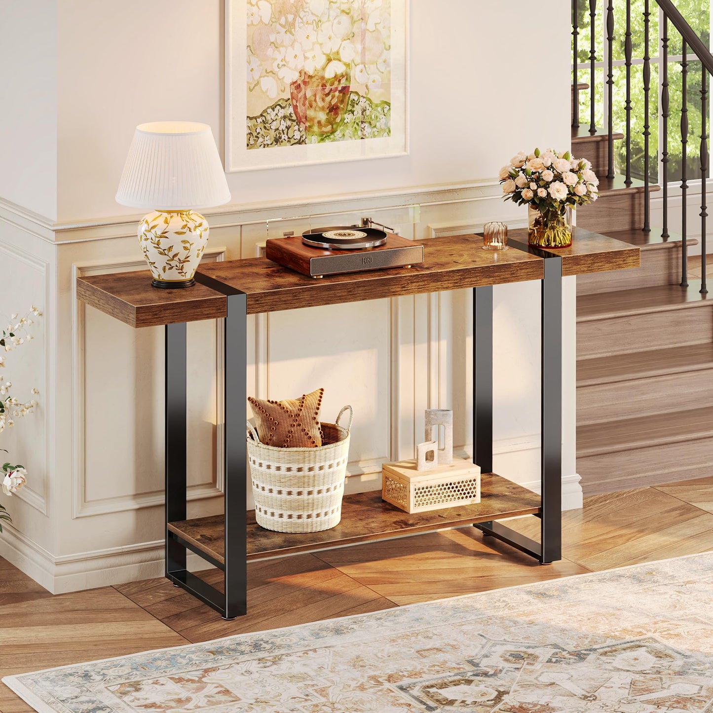Huuger 47.2 Inch Entryway Table, 2-Tier Industrial Console Sofa Table, Accent Table with Storage, for Entry, Hallway, Entrance, Foyer, T-Shaped Metal Frame, Rustic Brown
