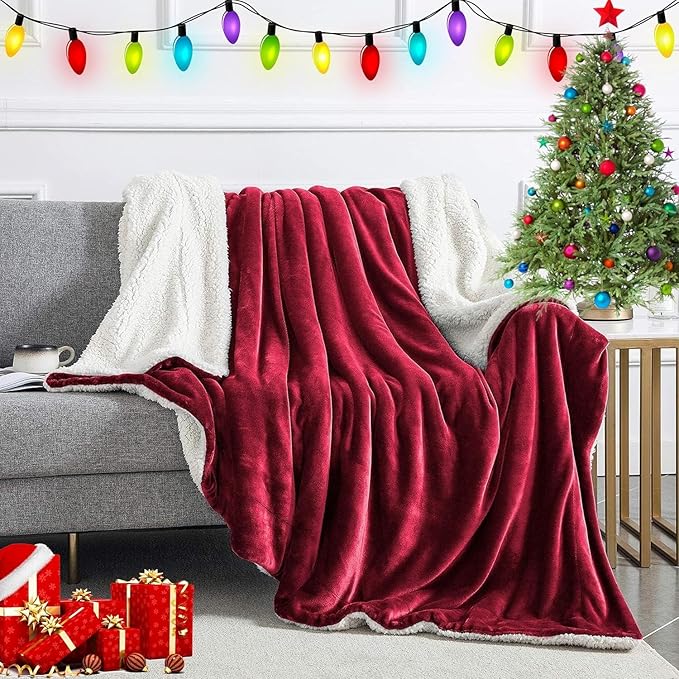 IR Imperial Rooms Sherpa Fleece Throw Blanket for Couch - Soft and Fuzzy Blanket for Winter - Reversible Thick and Warm Fluffy Throw Blankets for Bed, Sofa, Camping and Travel, Burgundy, 50x60 Inches