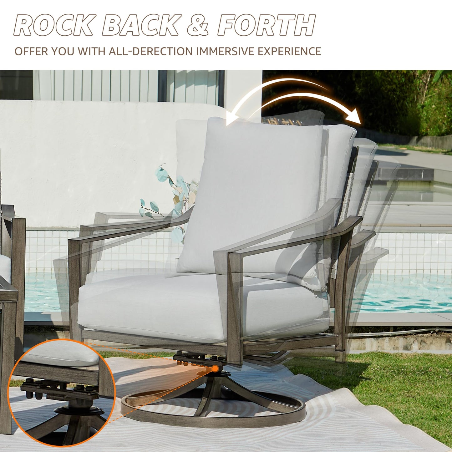NATURAL EXPRESSIONS 4 Pieces Patio Furniture Sets, Modern Metal Outdoor Conversation Sets with High Back All Weather Hand-Woven Rope Rocking Swivel Chairs, Loveseat, Metal Table, 5.5" Thick Cushions