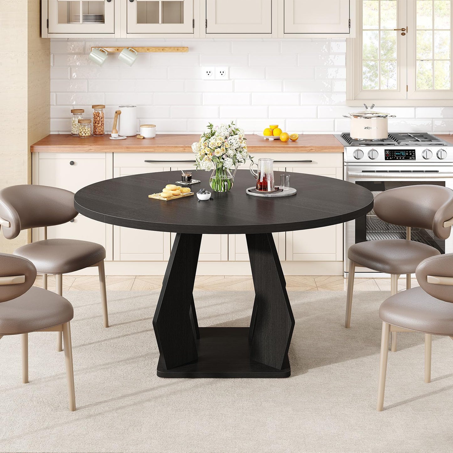 IBF Round Dining Table for 4 to 6, 47 Inches Kitchen Table with Spacious Tabletop Modern Circle Dining Table, Wood Dinner Table with Sturdy Pedestal Base for Dining Room Kitchen Living Room, Black Oak