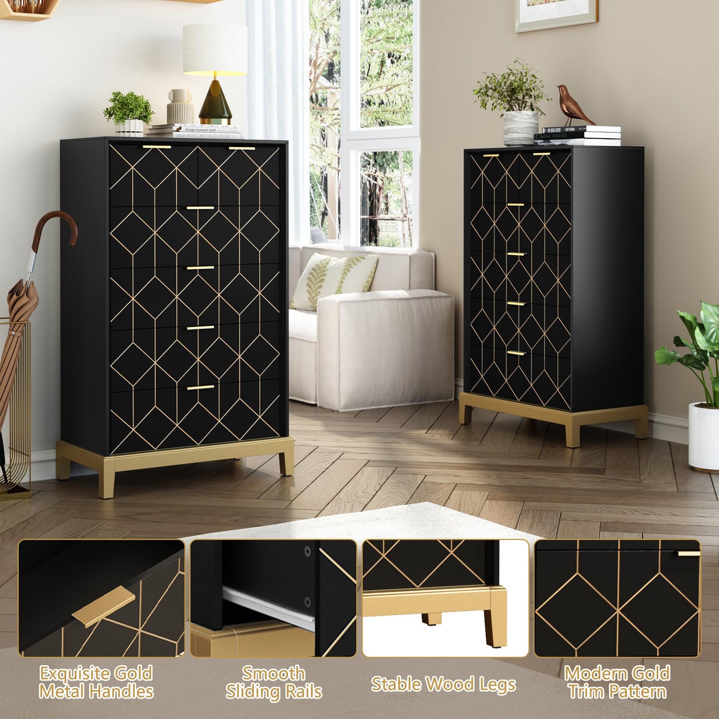 HLR 6 Drawer Dresser for Bedroom,Modern Wood Chest of Drawers with Gold Trim, Tall Dresser Storage Tower, Large Capacity Organizer Unit for Closet, Living Room, Hallway, Entryway，Black