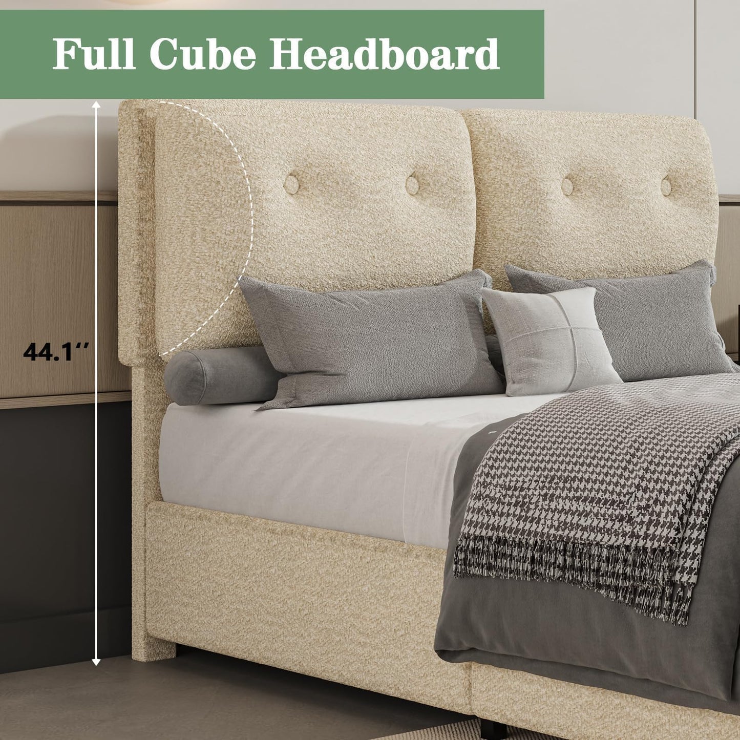 Full Size Bed Frame, Boucle Upholstered Platform Bed Frame with Soft Headboard, Sofa-Style Cushions, Wooden Slats Support, Low Profile Bed Frame, No Box Spring Needed, Easy Assembly, Cream