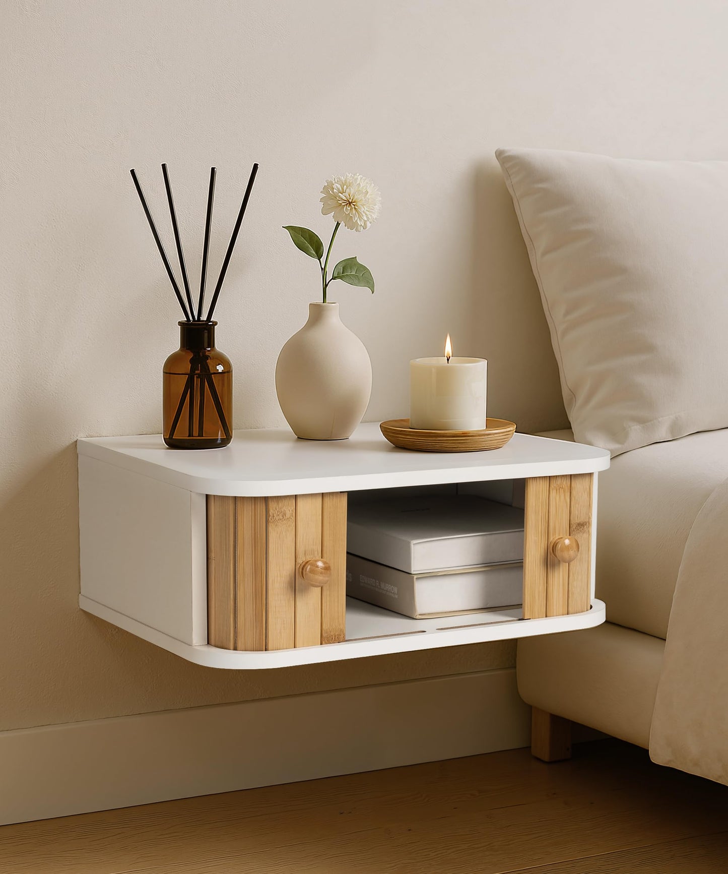 SUMGAR Floating Nightstand White Bedside Table Modern Boho Organiser Small Spaces Wall Mounted Shelf Storage with Drawers Wood Bamboo Natural Hanging Furniture for Bedroom Home Decor