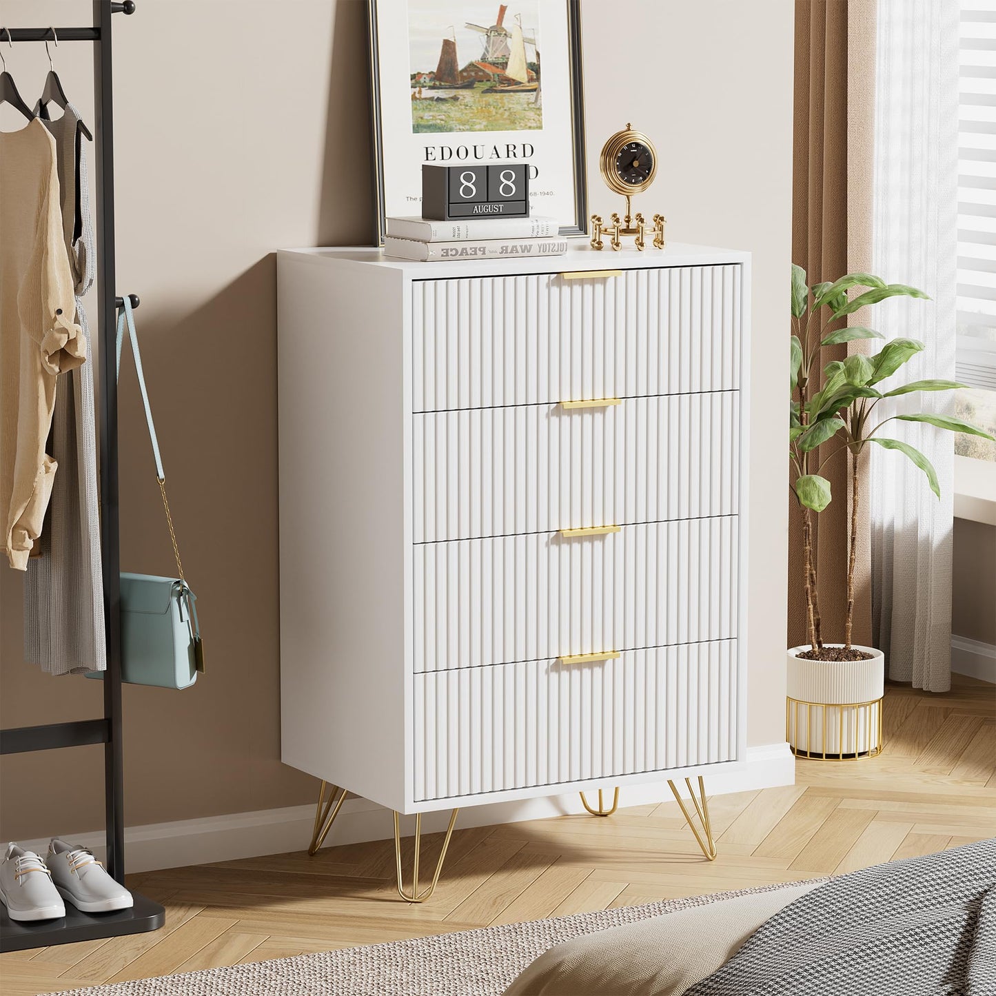 Furniway White Dresser for Bedroom, Modern Wide Dresser with Gold Pulls and 4 Drawers for Bedroom, Closets, 15.7" D x 23.6" W x 37.4" H