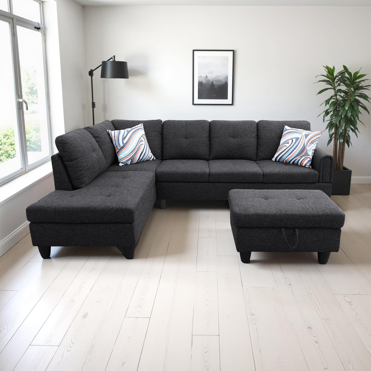Osparple L Shaped Couch Sectional Couches for Living Room Upholstered Linen Fabric 3 Pieces Modular Sectional Sofa with Chaise, Ottoman with Storage for Small Apartment, Charcoal