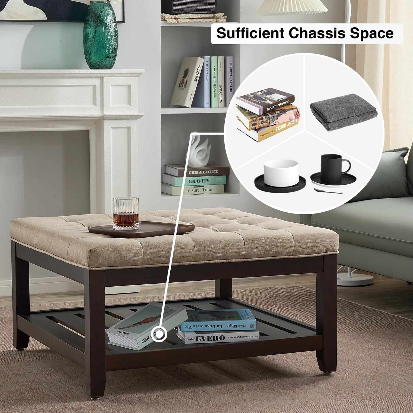 adochr Linen Large Square Ottoman with Storage, Upholstered Button Tufted Ottoman for Living Room, Oversized Ottoman Coffee Table Footrest with Solid Wooden Square Tray, Light Brown