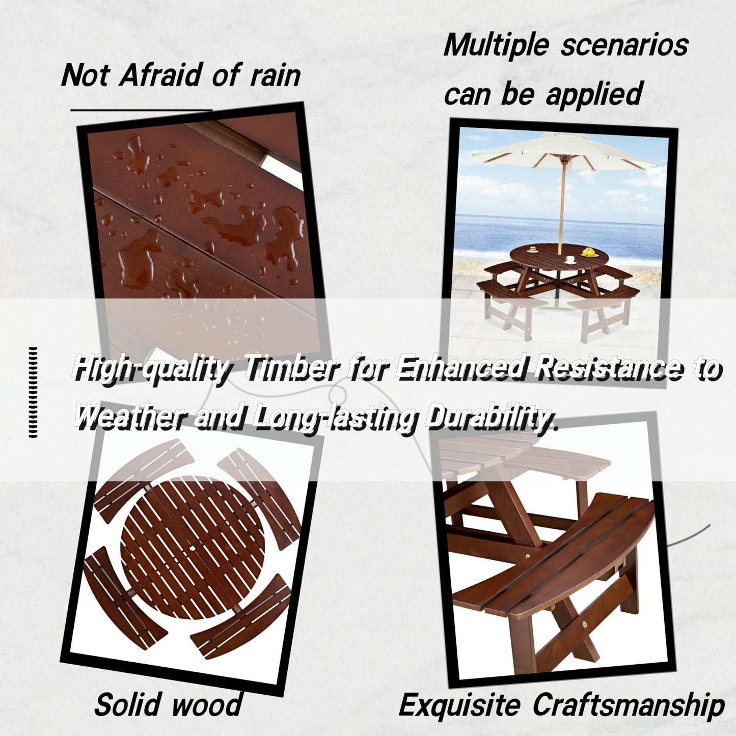 DOPERFE 8-Person Outdoor Picnic Round Table with Built-in Benches | All-Weather Wooden Patio Furniture for Gardens, Backyards and Porches | Includes 2" Umbrella Hole (Brown, 70.08"*70.08"*27.17")