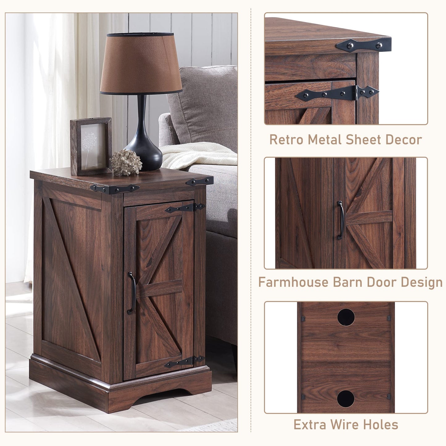 JXQTLINGMU Farmhouse Nightstand Set of 2 with Charging Station, 17" D Rectangular End Table with Barn Door & Adjustable Storage Shelf, Wood Rustic Sofa Side Table for Living Room, Bedroom, Brown
